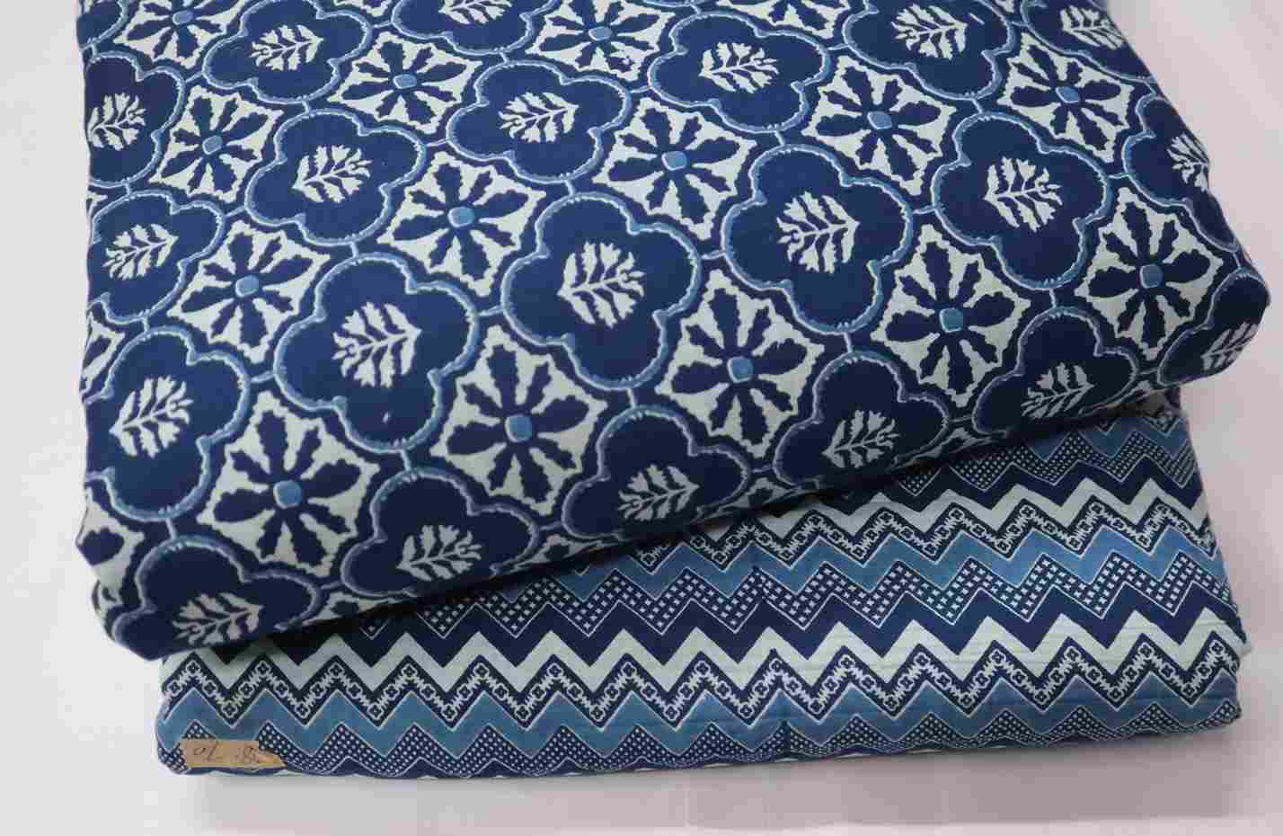 Screen Printed Blue Pure Cotton Fabric Set ( Top and bottom 2.5 meter each )