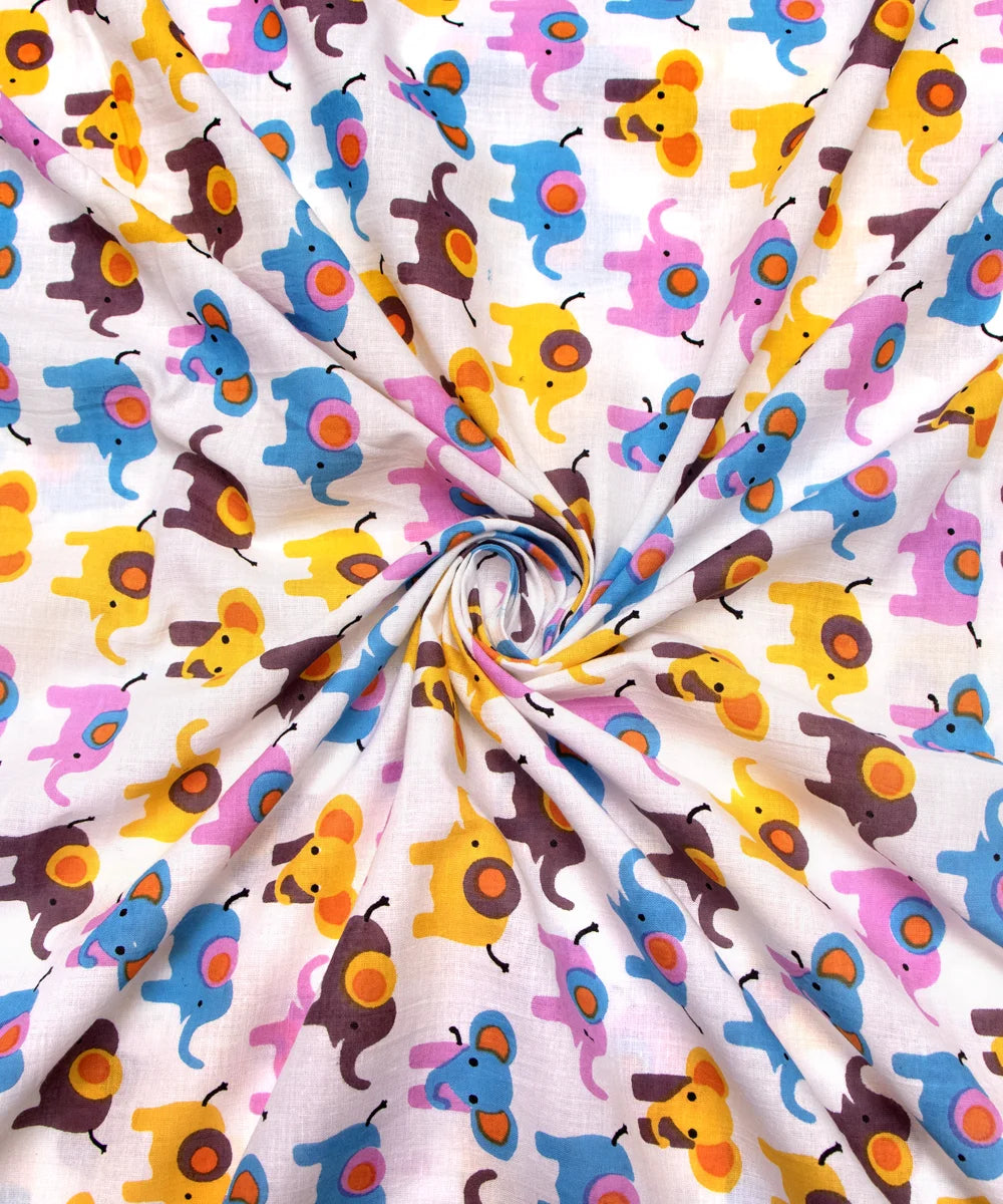 Jaipuri Screen Multicolor Elephant Animal Kids Print Pure Cotton fabric