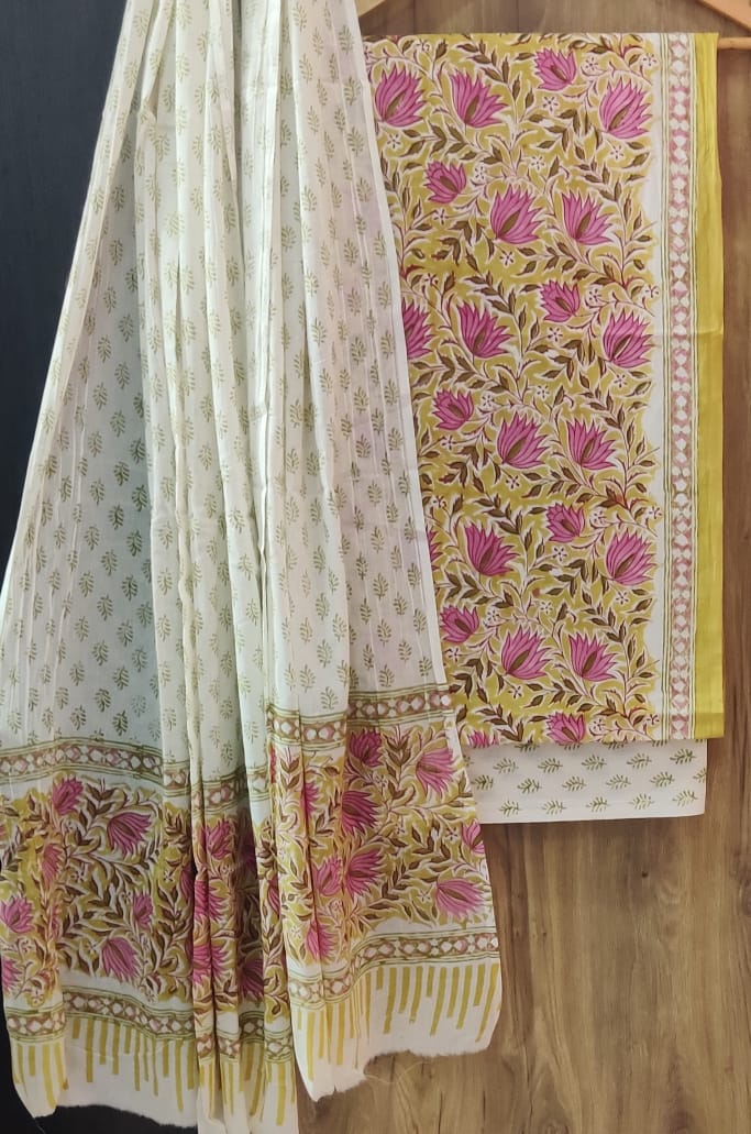Handblock Cotton Suit With Mulmul Dupatta