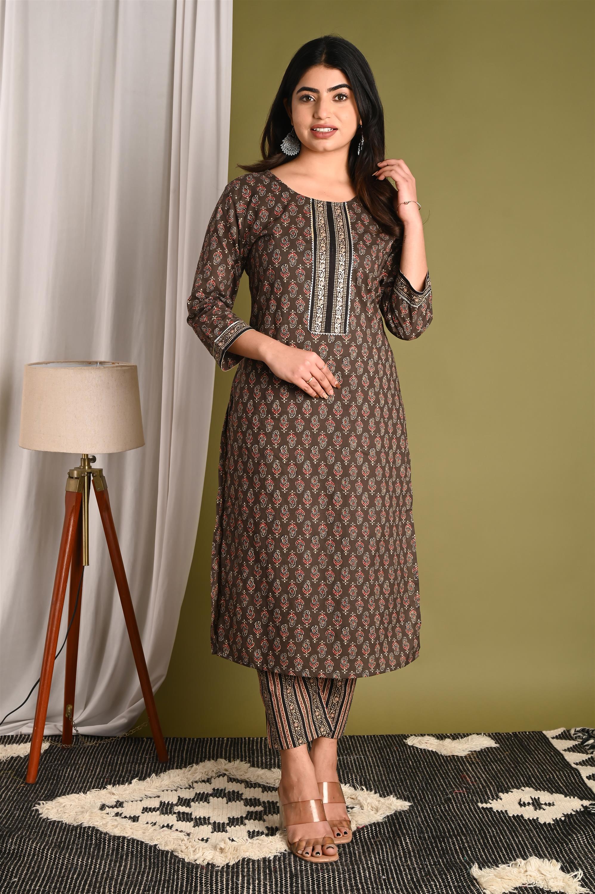 Buy Brown Printed Pure Cotton Kurti With Pant Set Online – Fabric Bazaar