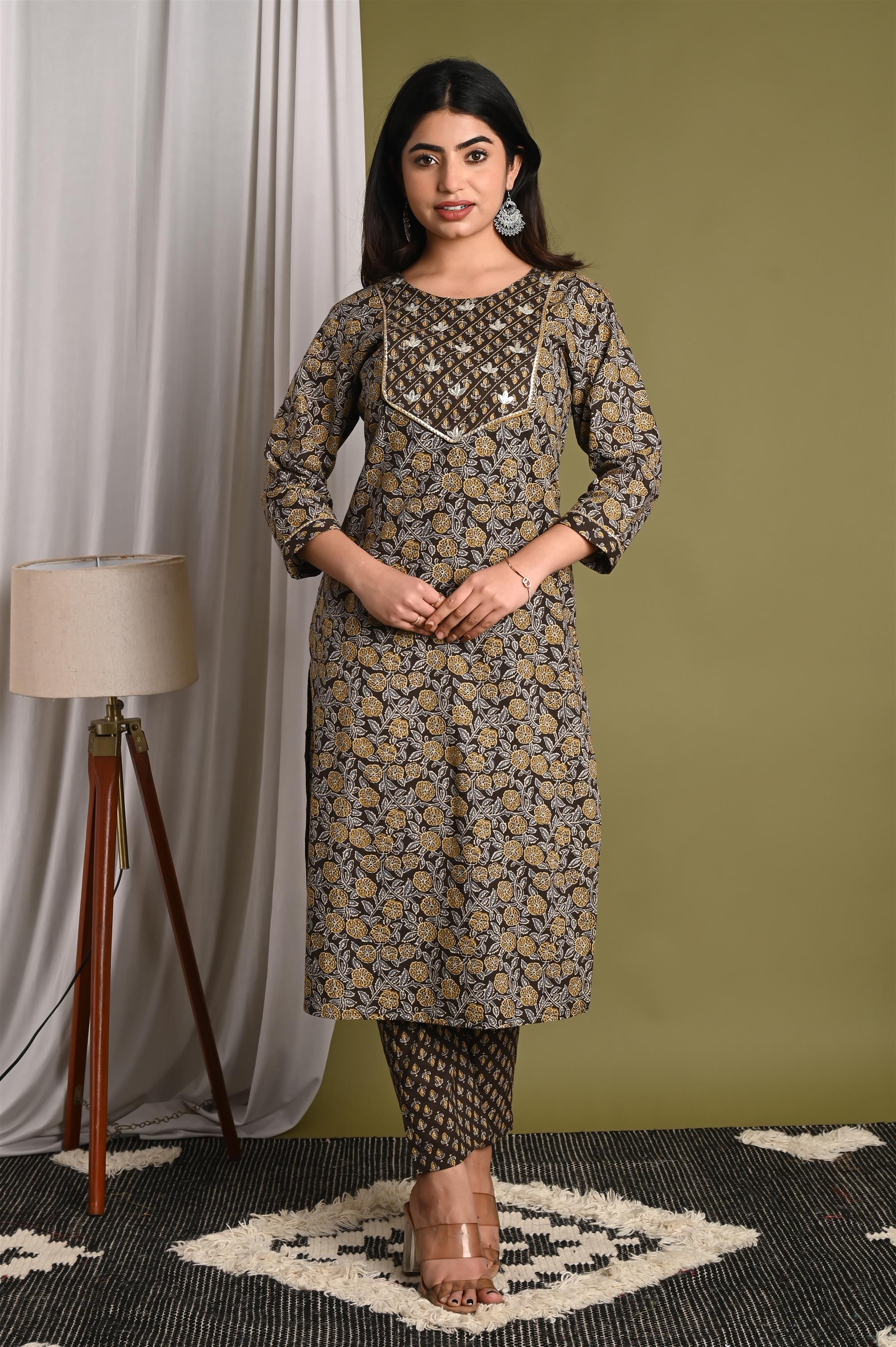 Buy Brown Printed Pure Cotton Kurti With Pant Set Online – Fabric