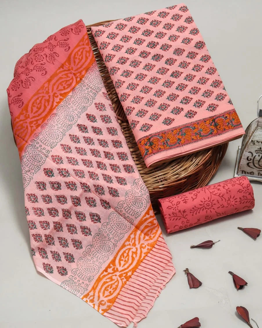 Printed Unstitched Cotton Salwar Suit With Mulmul Dupatta