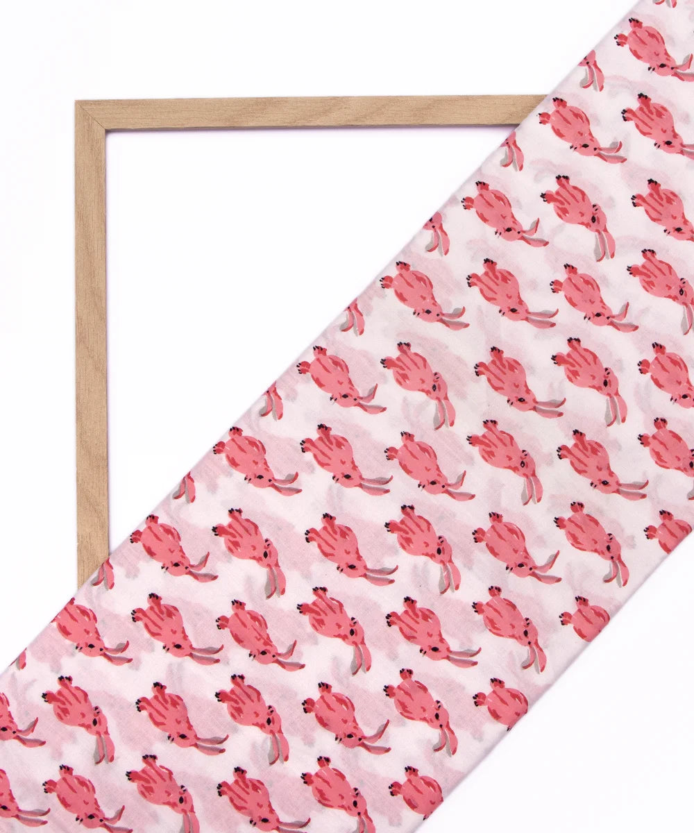 Jaipuri Screen Pink Rabbit Animal Kids Print Pure Cotton fabric
