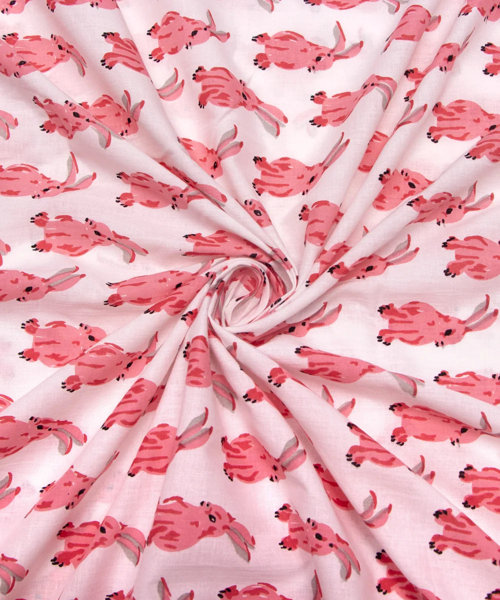 Jaipuri Screen Pink Rabbit Animal Kids Print Pure Cotton fabric
