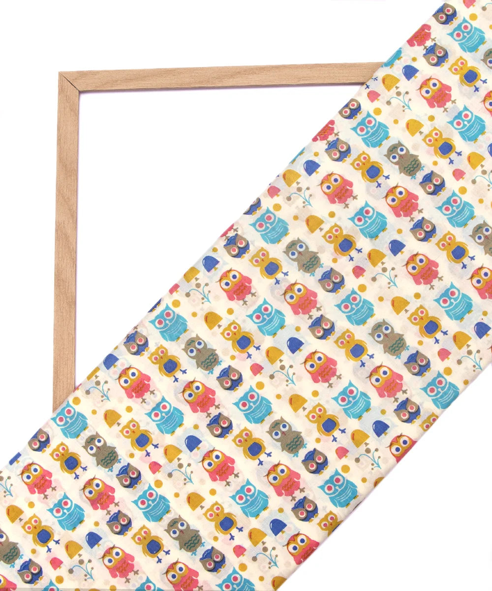 Jaipuri Screen Off White Owl Baby Printed Pure Cotton fabric