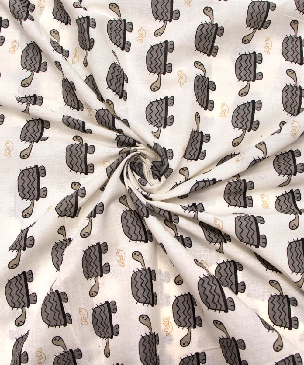 Jaipuri Screen Turtle Grey Kids Animal Printed Pure Cotton fabric