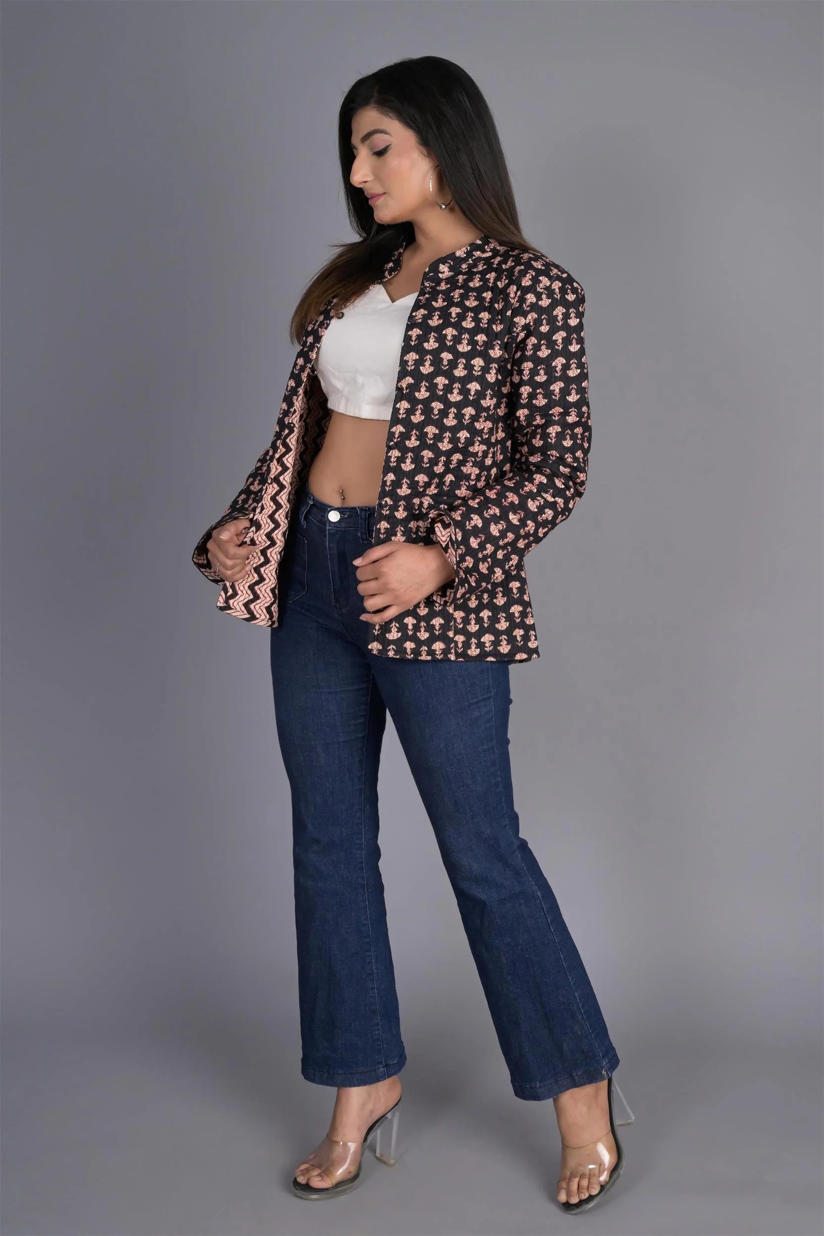 Winter Black and Beige Reversible Jaipuri Cotton Quilted Jackets For Women