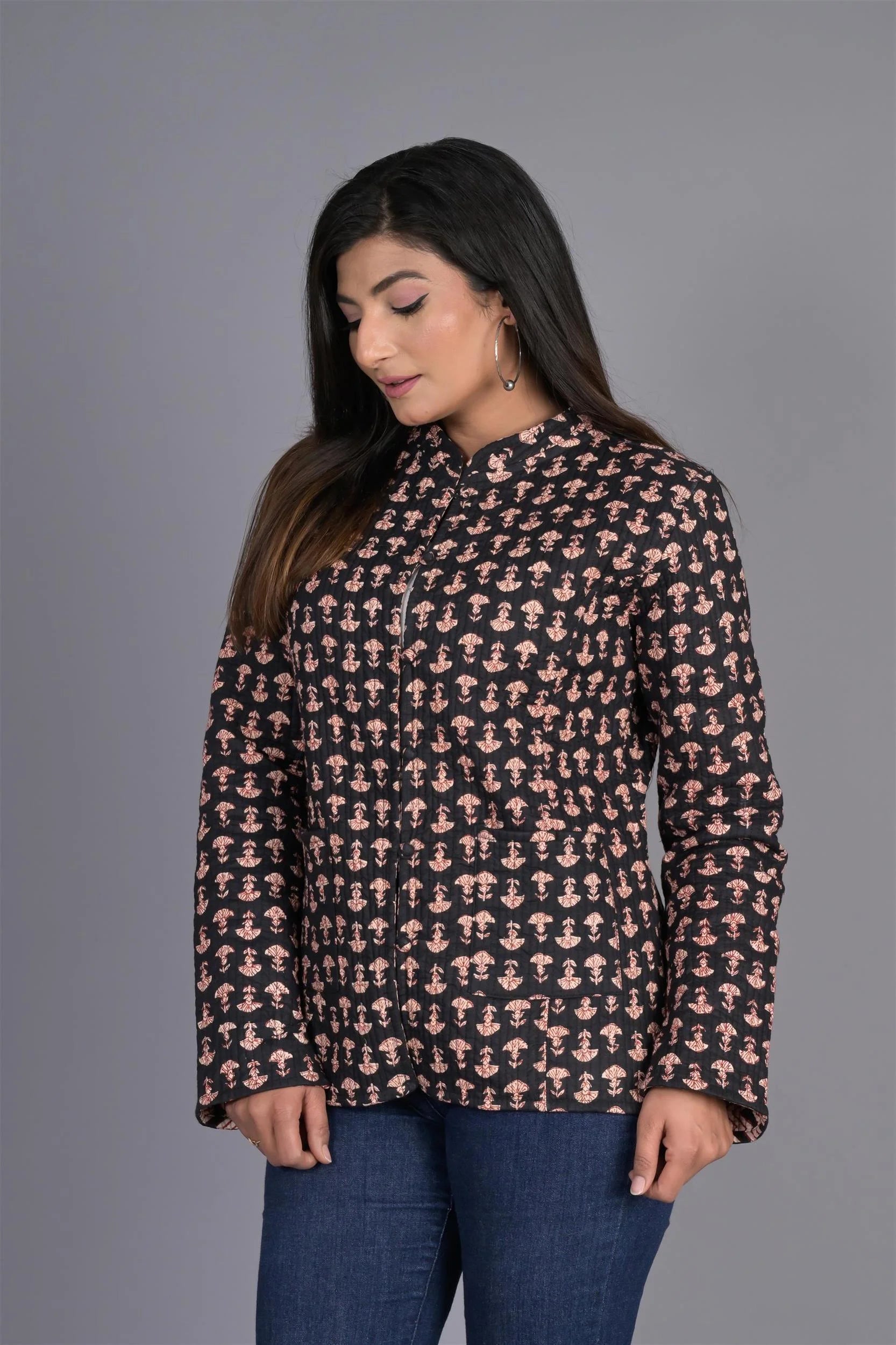 Winter Black and Beige Reversible Jaipuri Cotton Quilted Jackets For Women