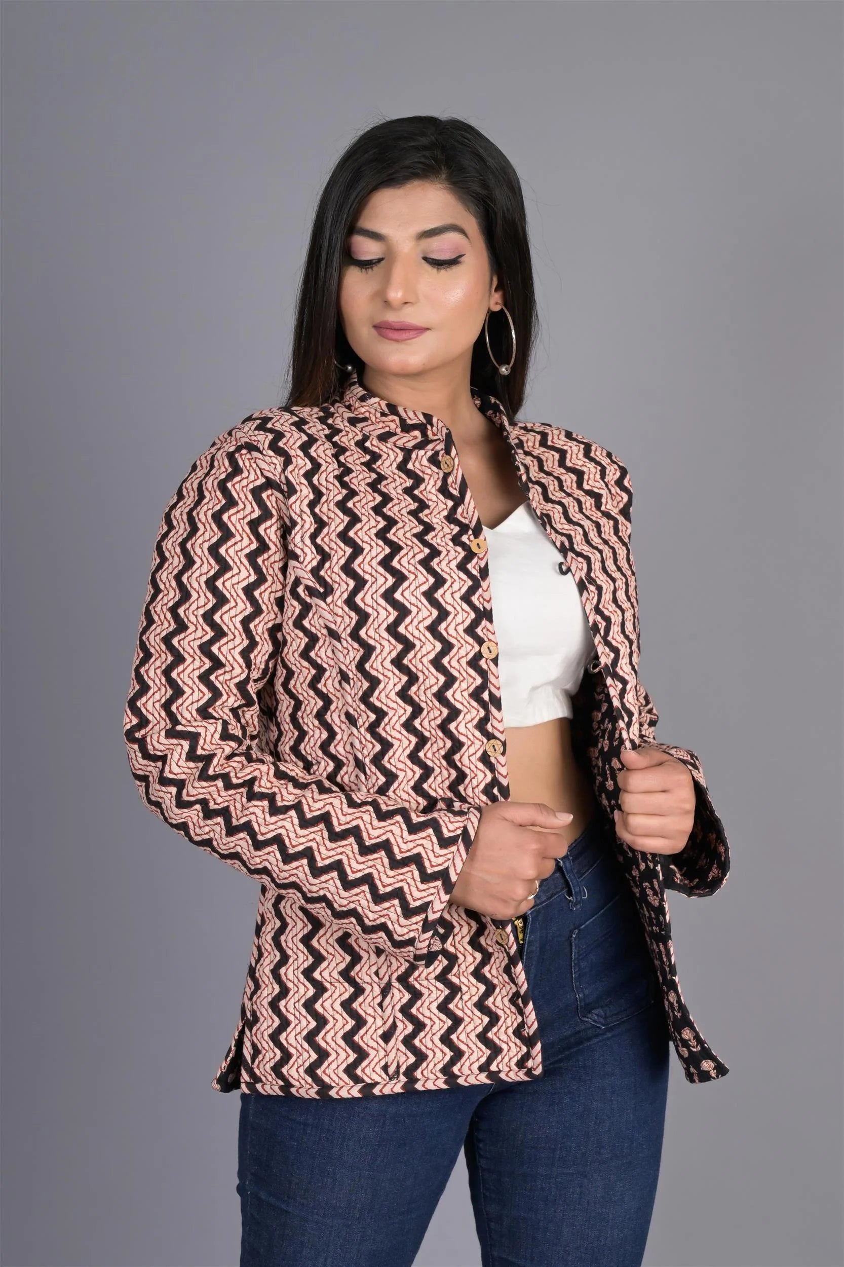 Winter Black and Beige Reversible Jaipuri Cotton Quilted Jackets For Women