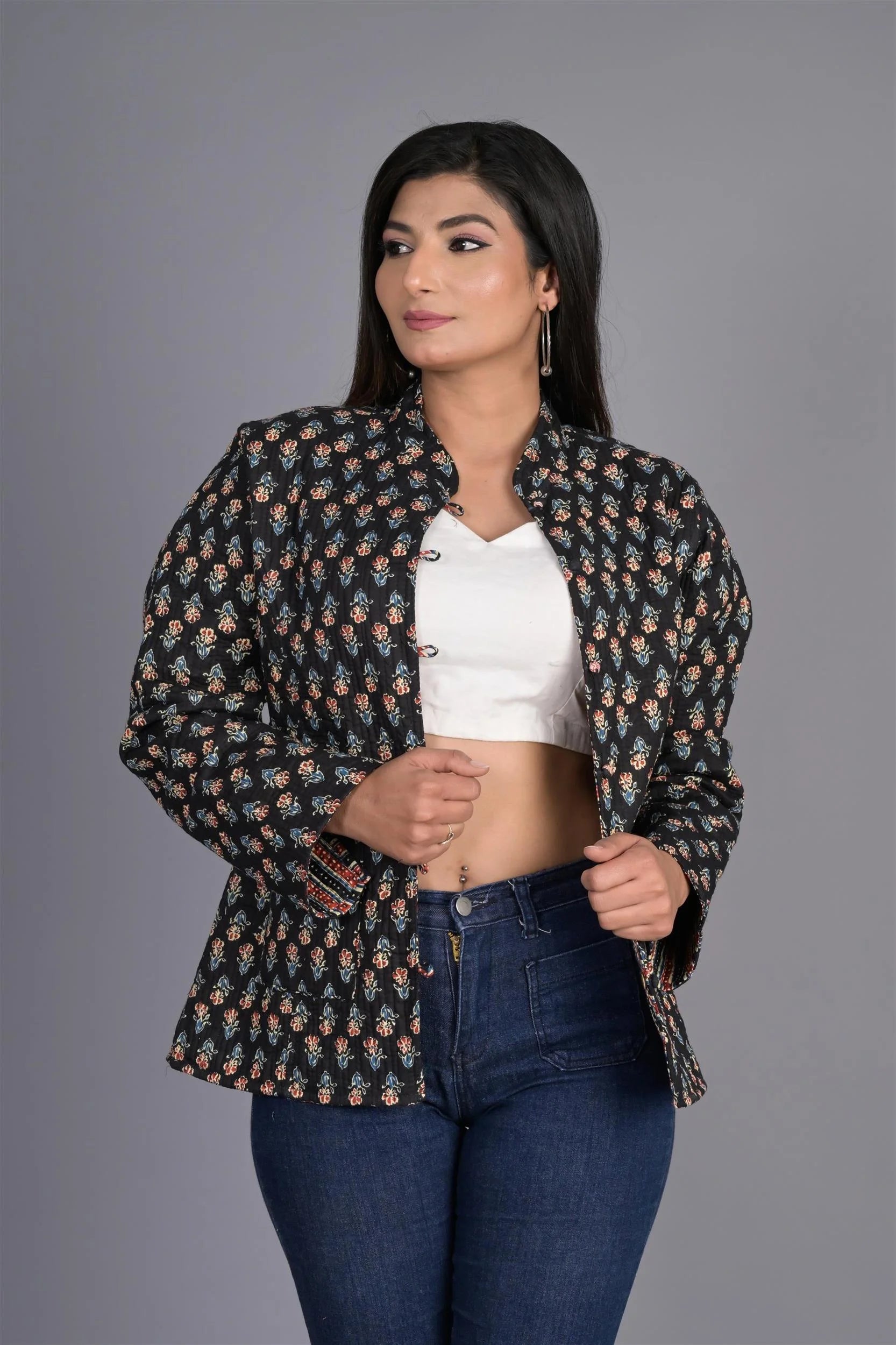 Winter Reversible Black Butti Jaipuri Cotton Quilted Jackets For Women
