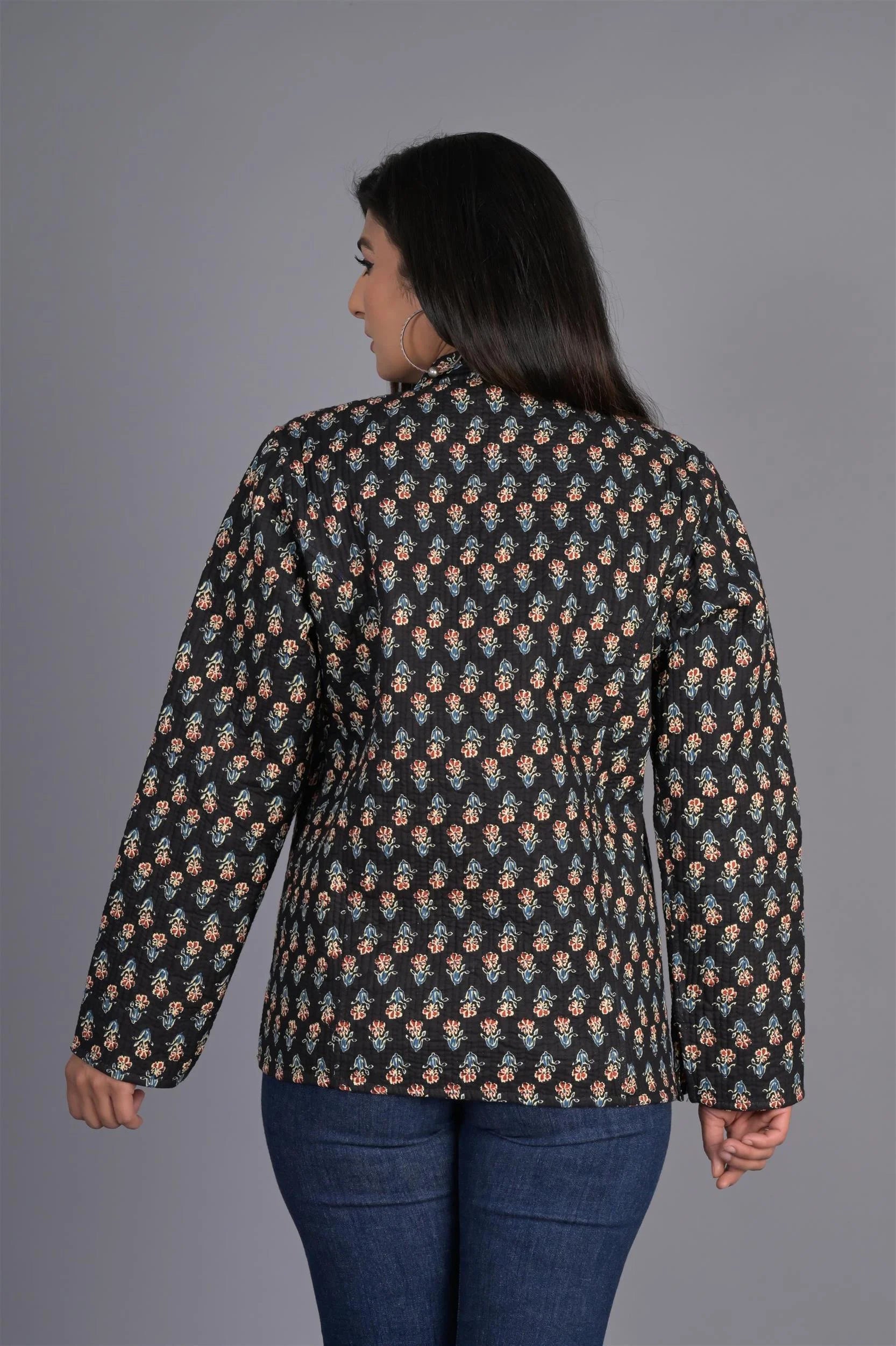 Winter Reversible Black Butti Jaipuri Cotton Quilted Jackets For Women