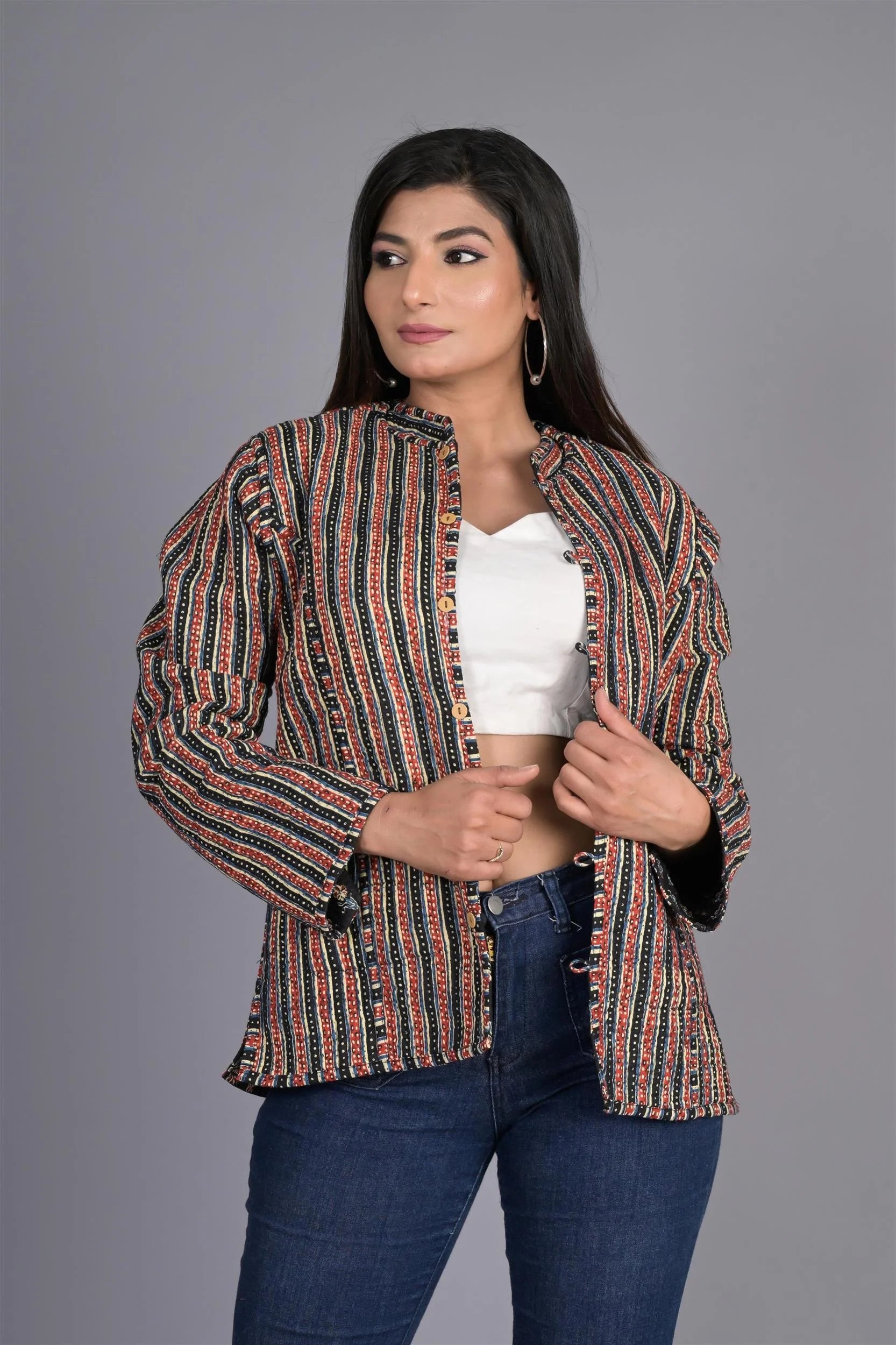 Winter Reversible Black Butti Jaipuri Cotton Quilted Jackets For Women