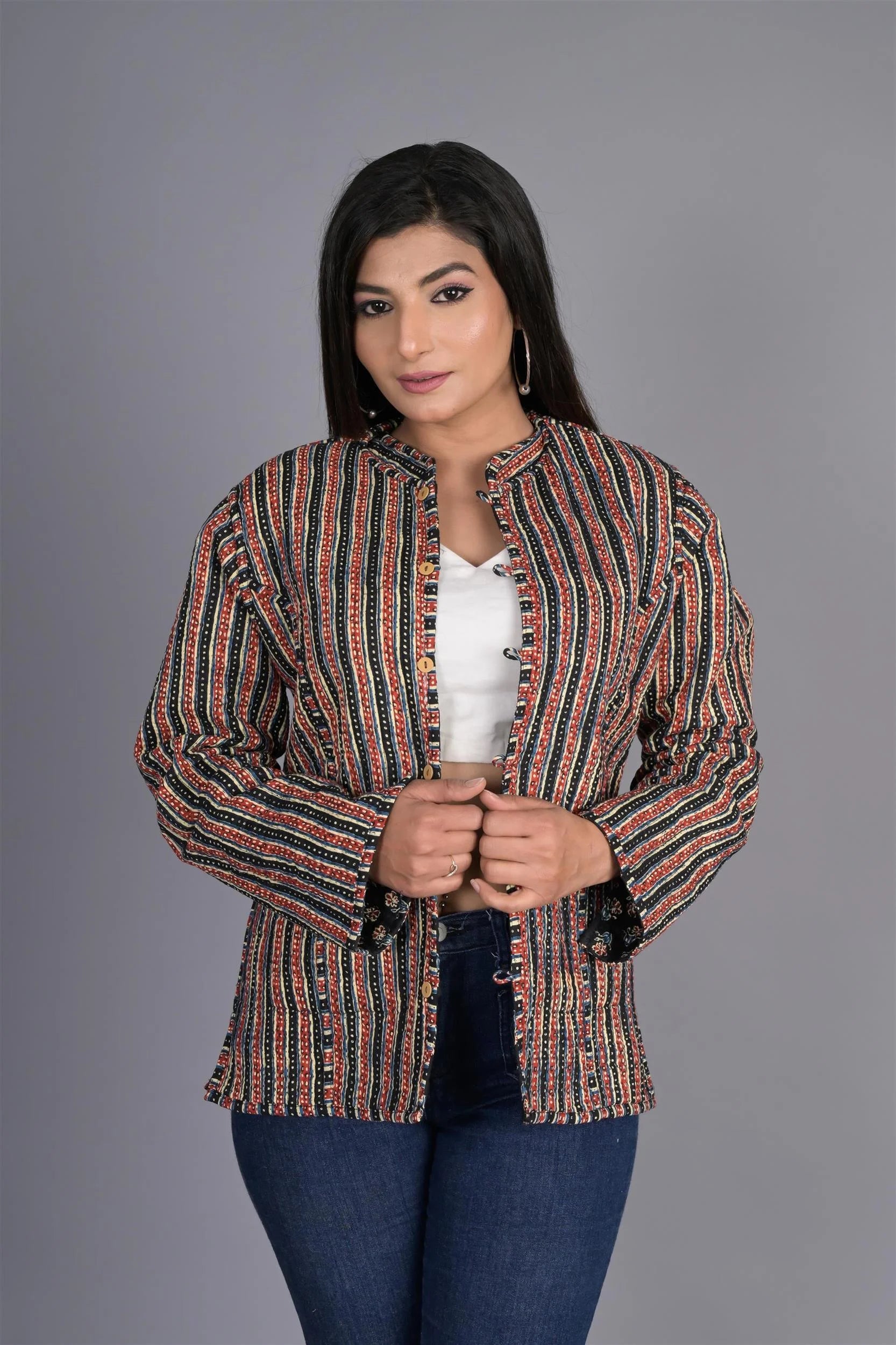 Winter Reversible Black Butti Jaipuri Cotton Quilted Jackets For Women