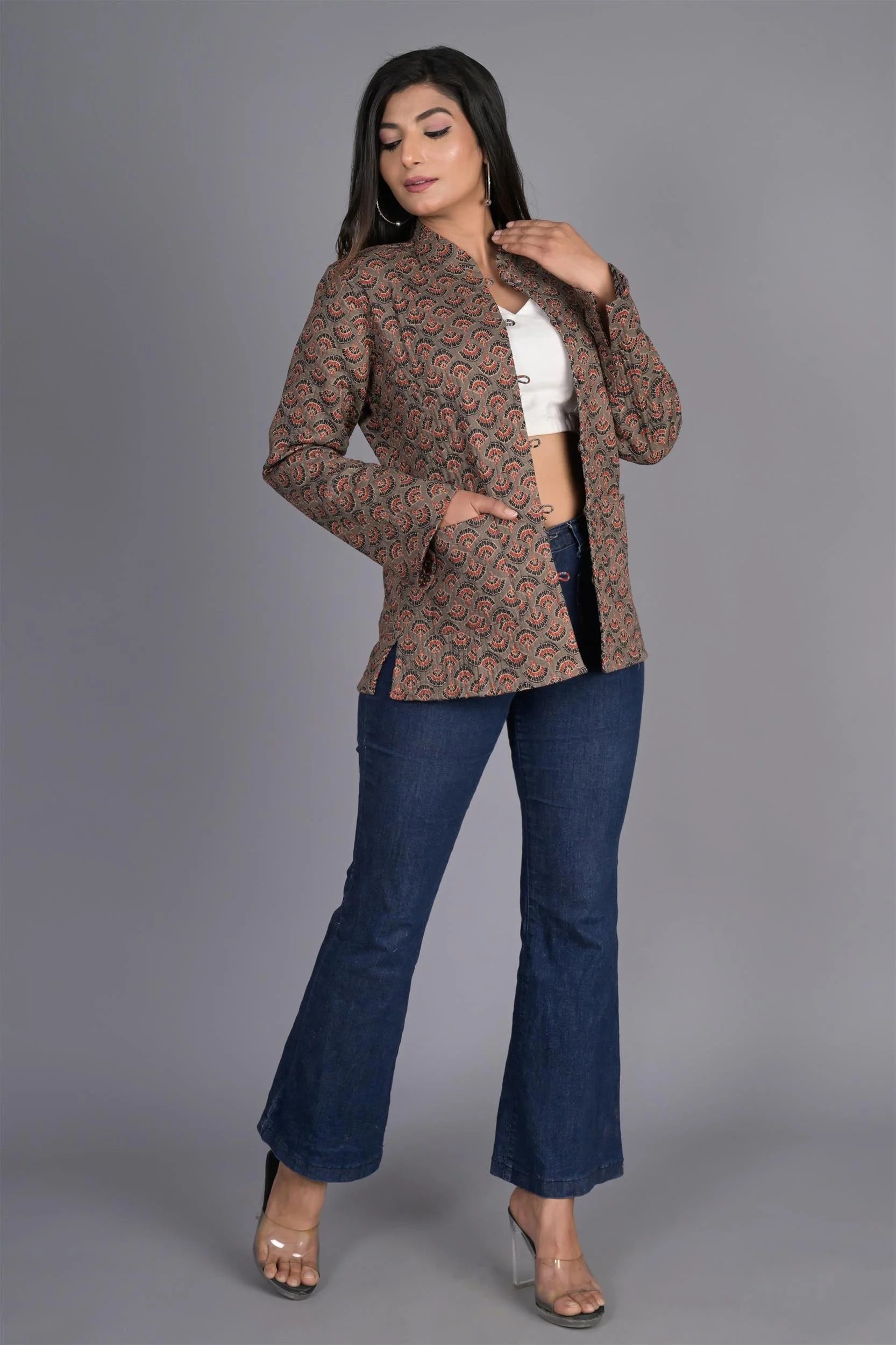 Winter Reversible Brown Jaipuri Cotton Quilted Jackets For Women