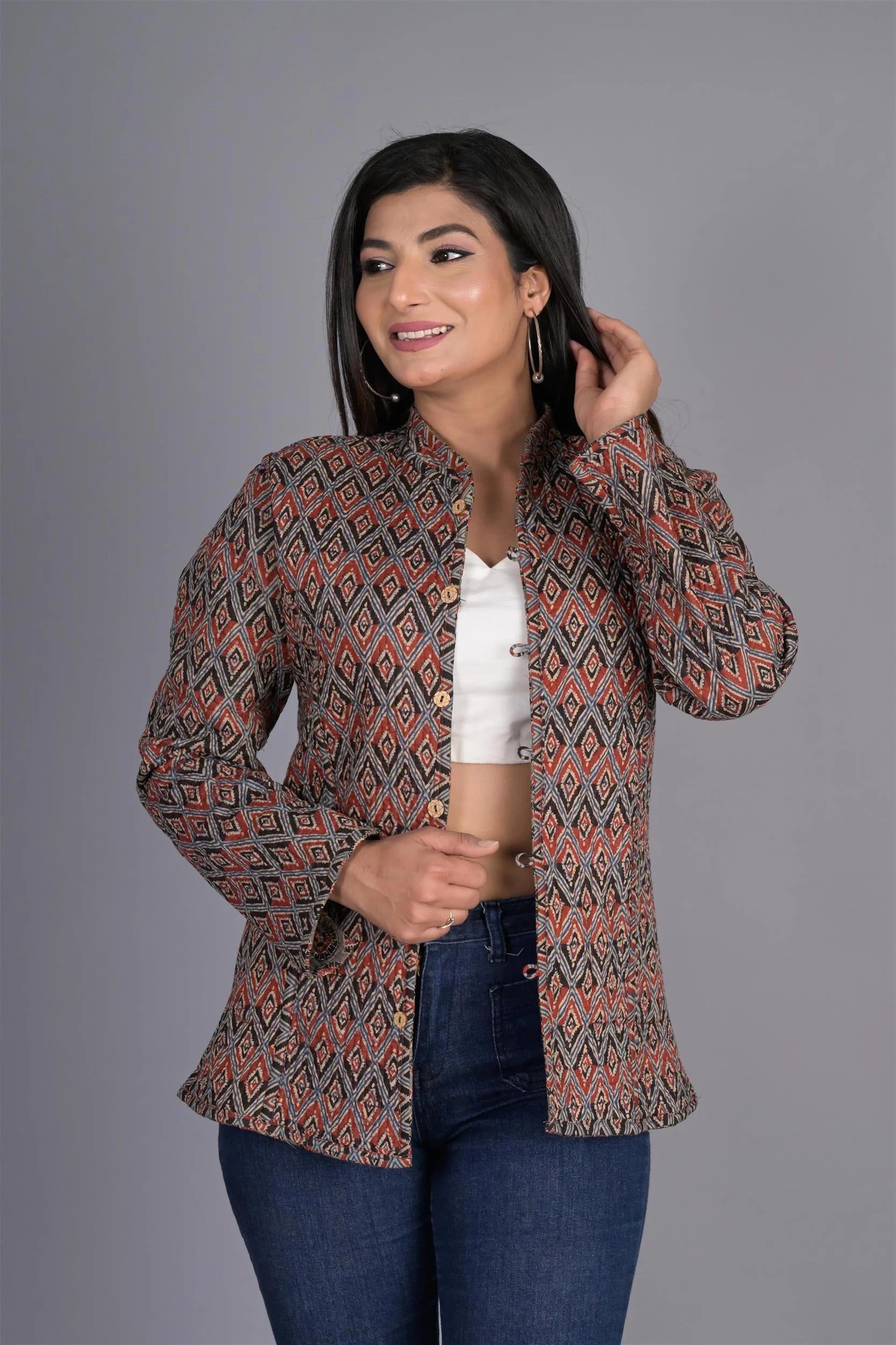 Winter Reversible Brown Jaipuri Cotton Quilted Jackets For Women