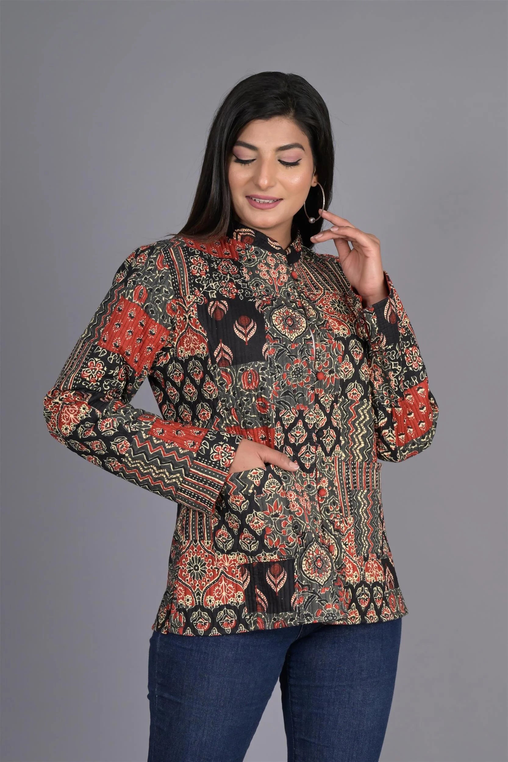 Winter Reversible Black And Red Jaipuri Cotton Quilted Jackets For Women