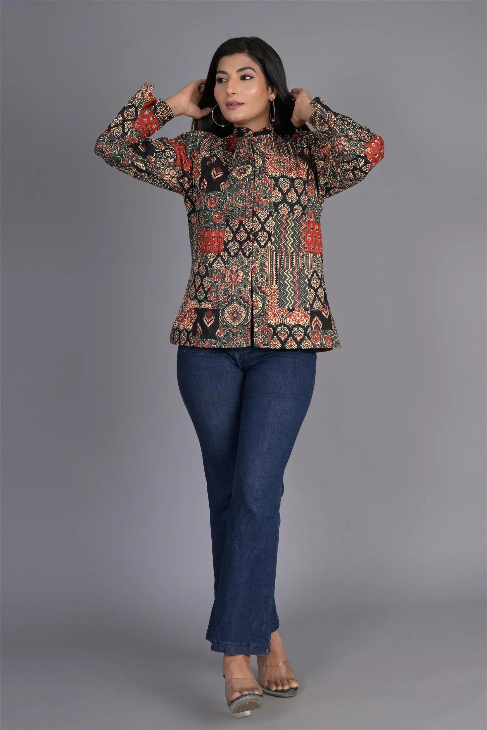 Winter Reversible Black And Red Jaipuri Cotton Quilted Jackets For Women