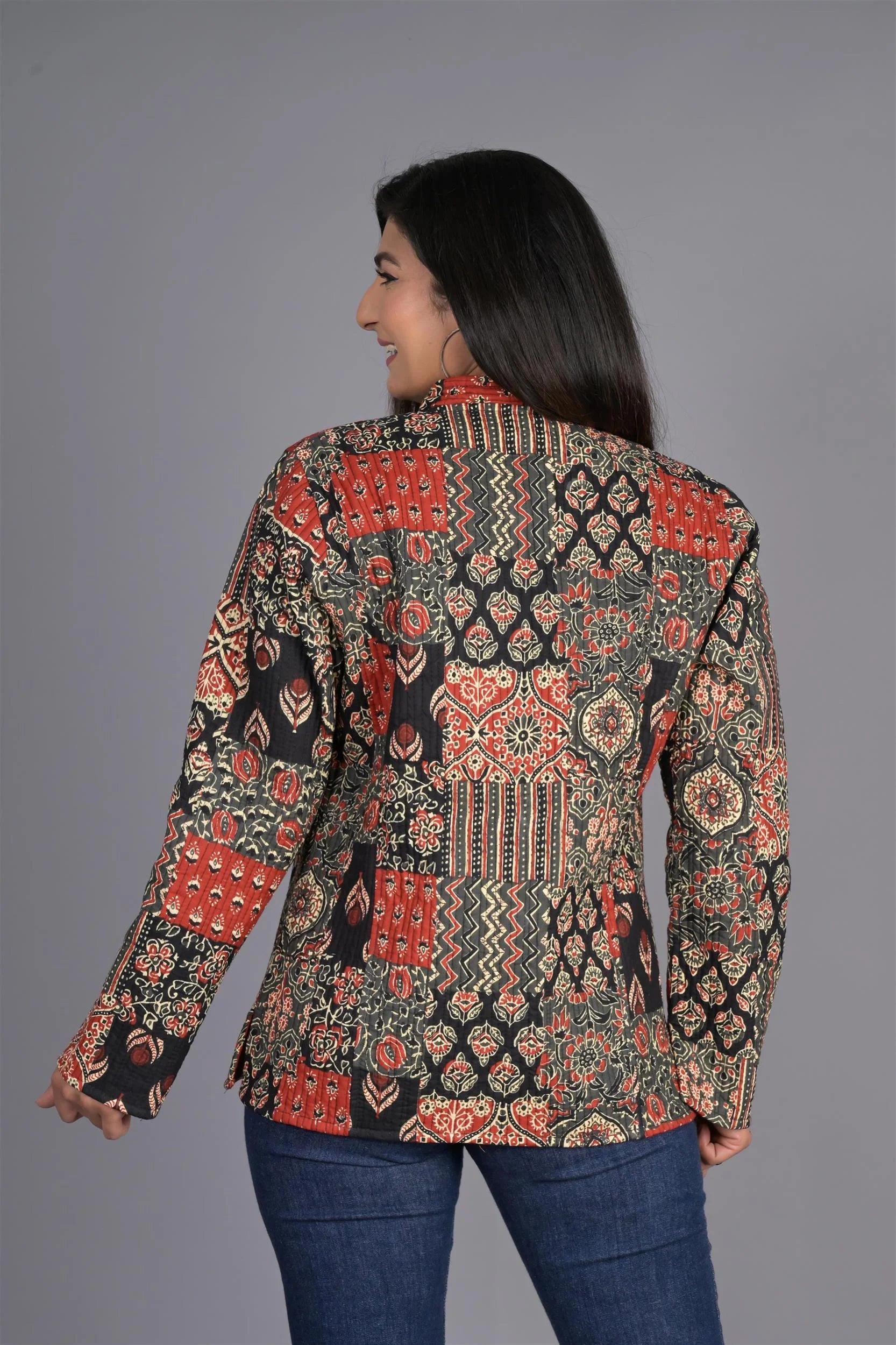 Winter Reversible Black And Red Jaipuri Cotton Quilted Jackets For Women