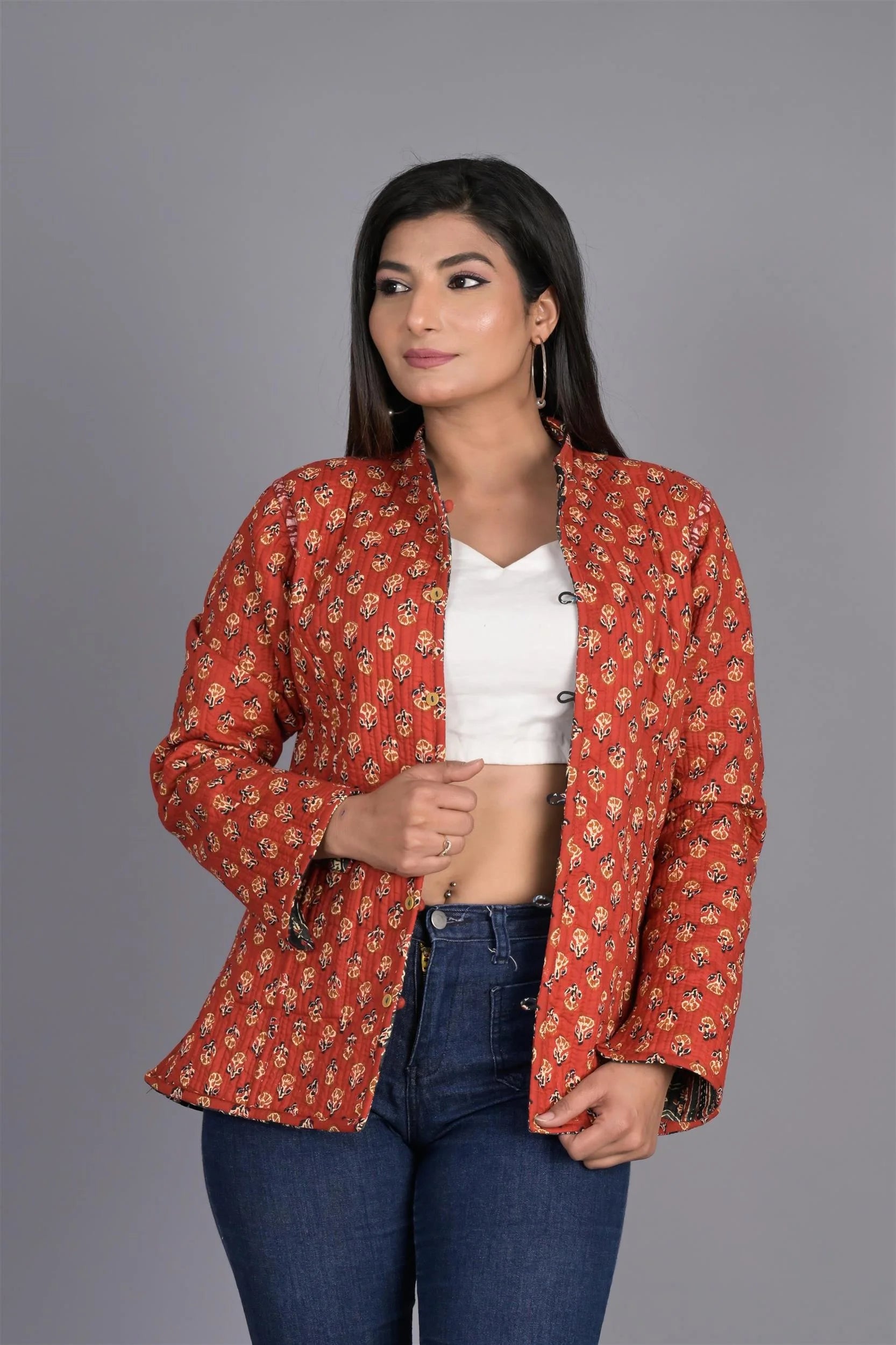 Winter Reversible Black And Red Jaipuri Cotton Quilted Jackets For Women
