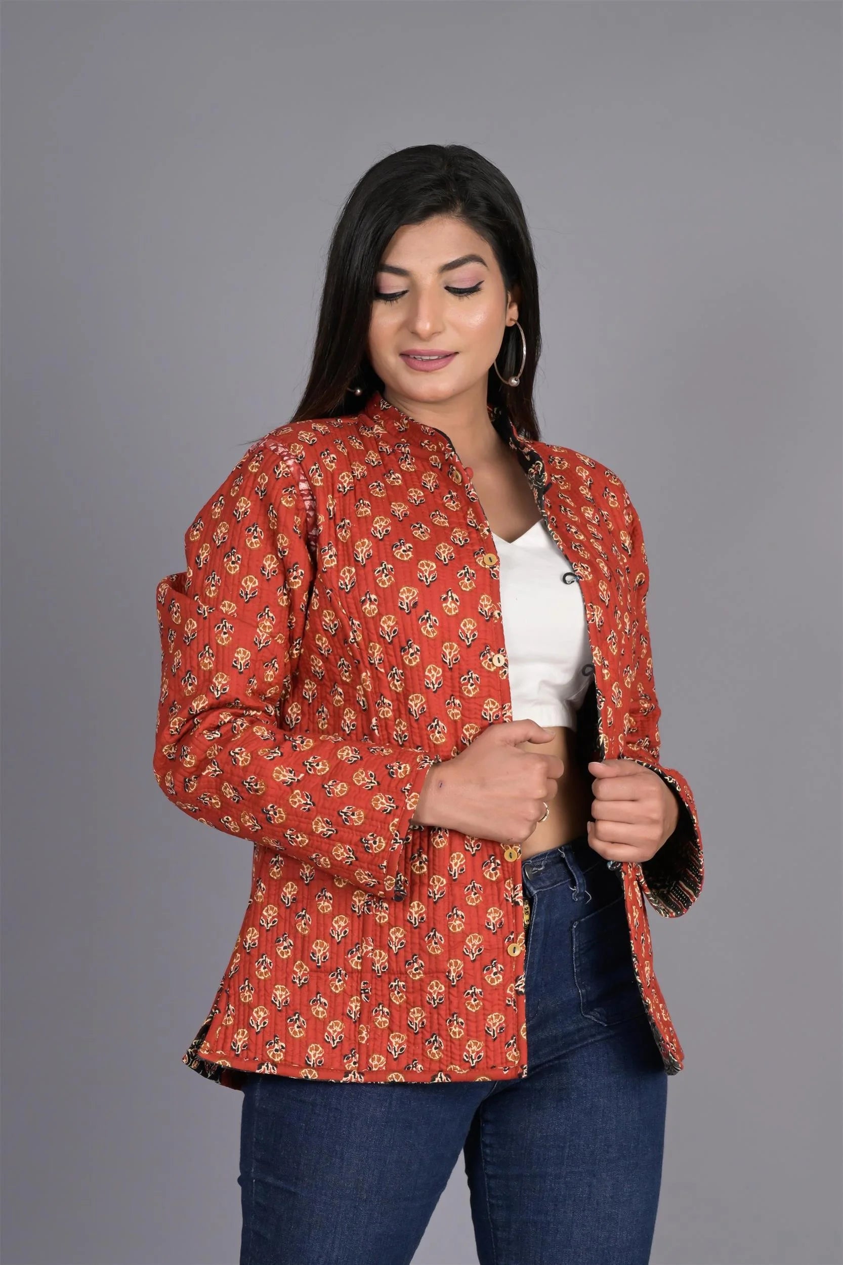 Winter Reversible Black And Red Jaipuri Cotton Quilted Jackets For Women