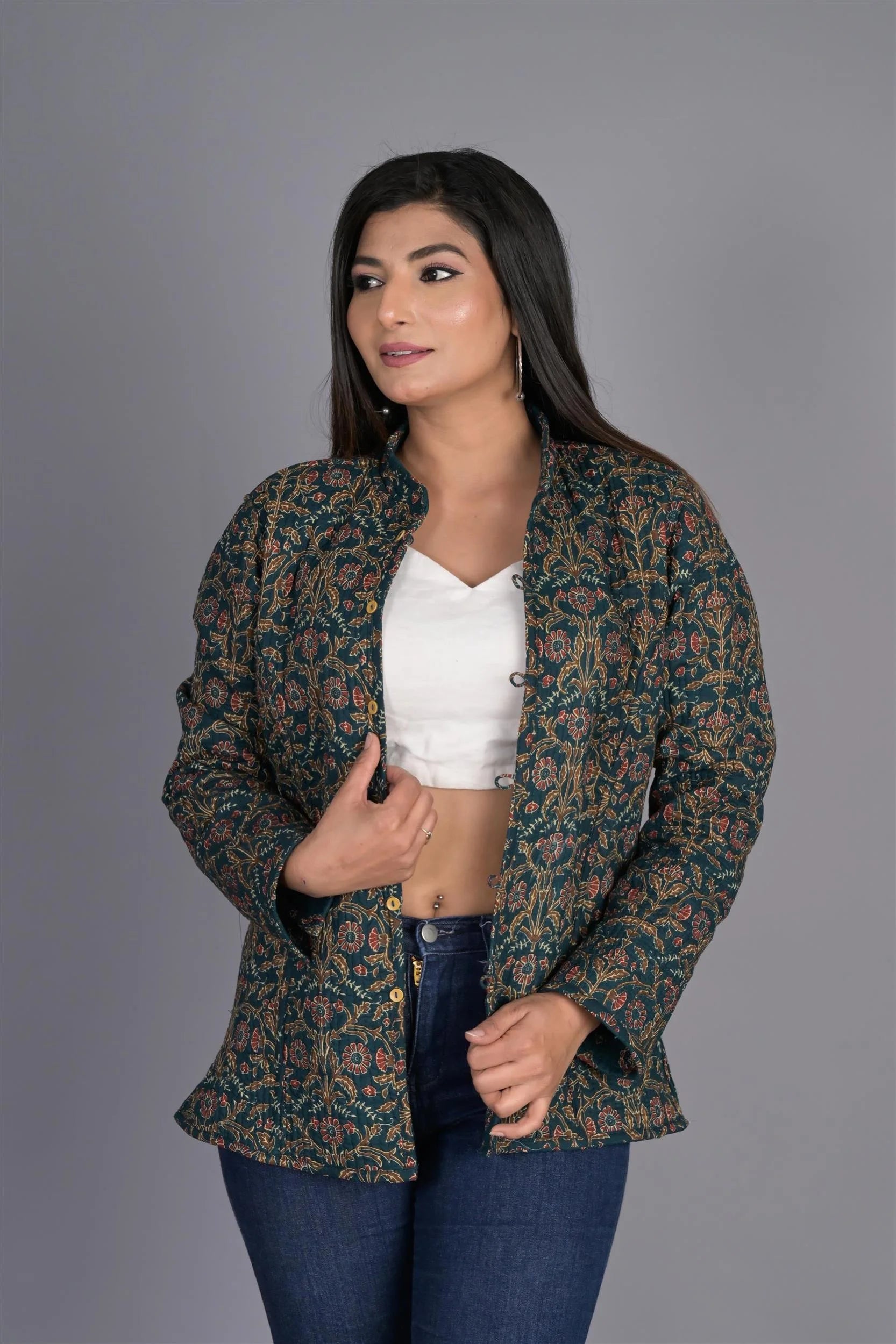 Winter Reversible Green Jaipuri Cotton Quilted Jackets For Women