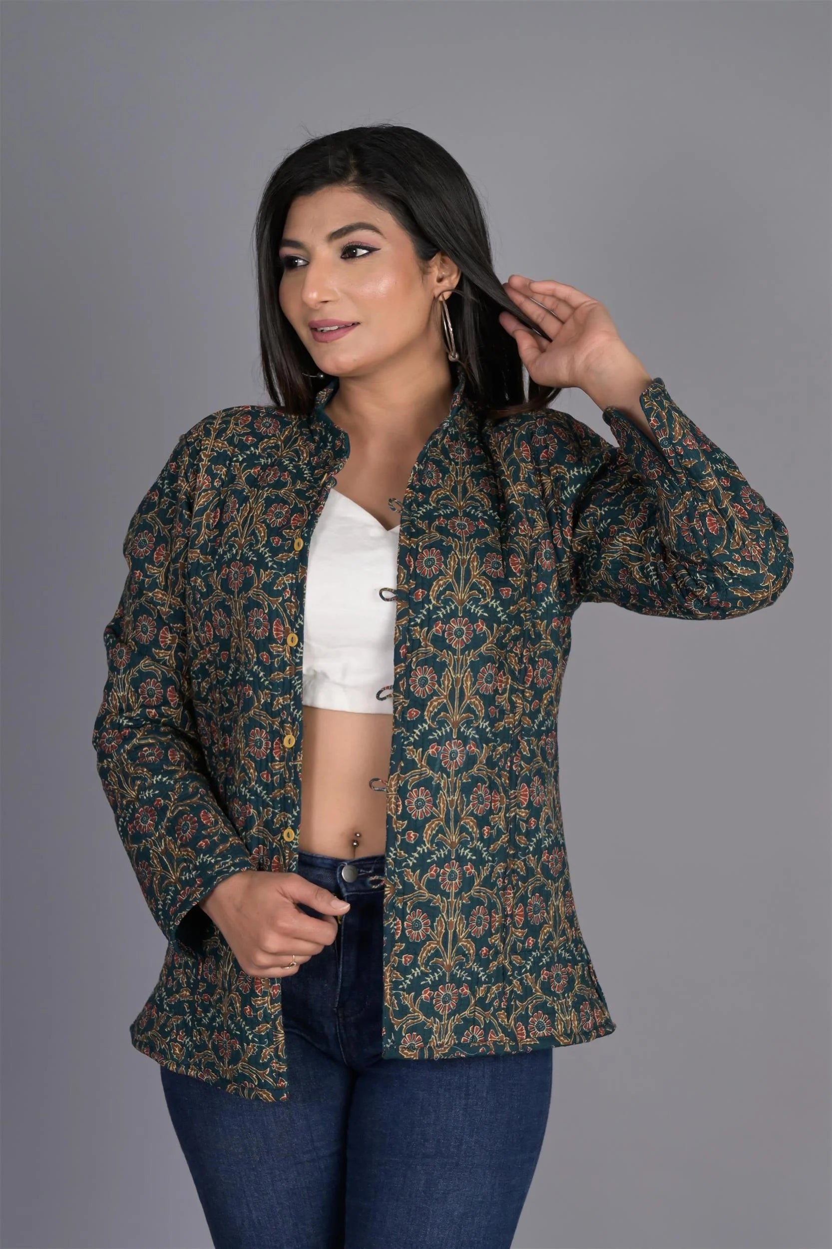 Winter Reversible Green Jaipuri Cotton Quilted Jackets For Women