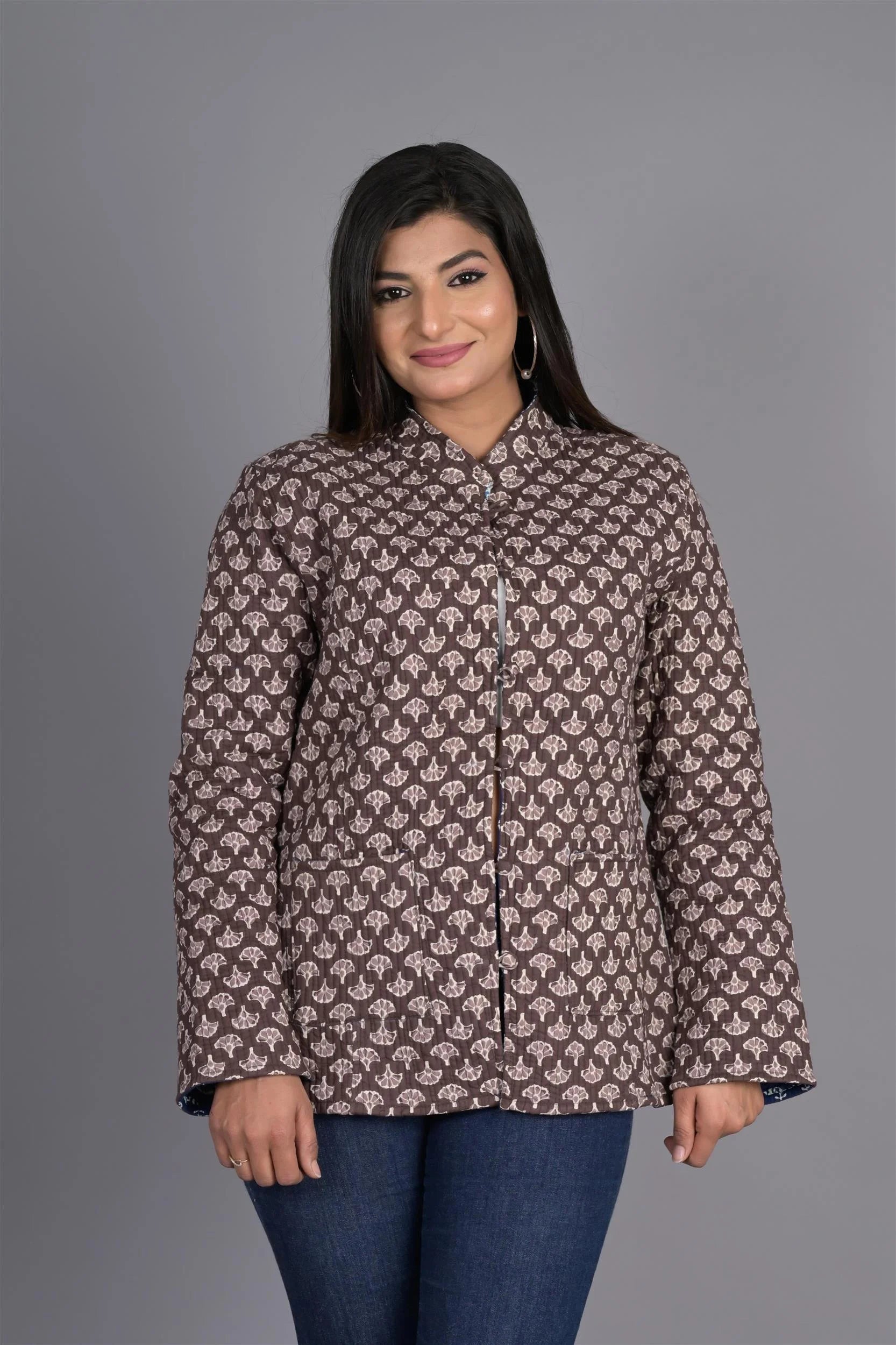 Winter Reversible Brown & Blue Jaipuri Cotton Quilted Jackets For Women