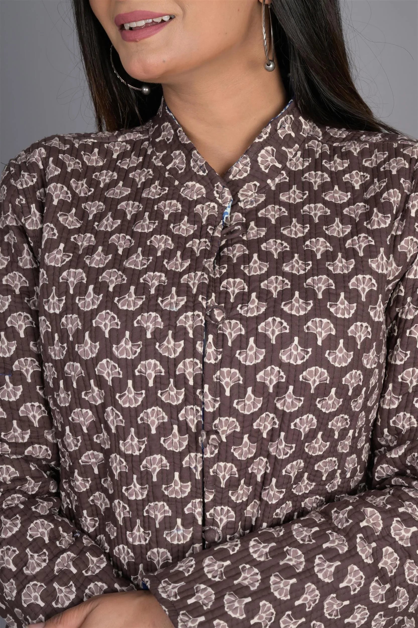 Winter Reversible Brown & Blue Jaipuri Cotton Quilted Jackets For Women