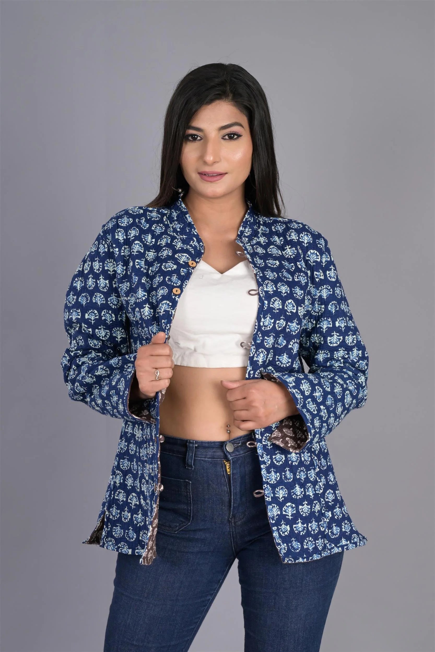 Winter Reversible Brown & Blue Jaipuri Cotton Quilted Jackets For Women