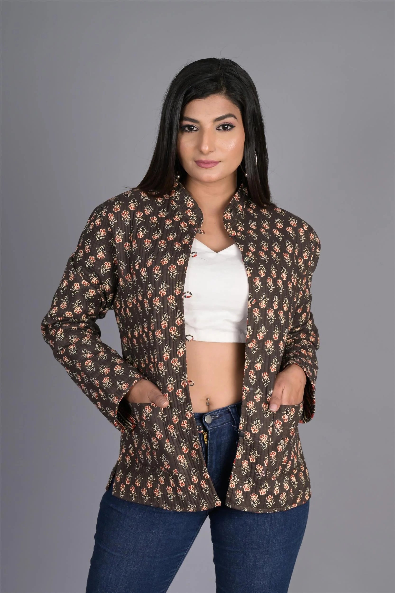 Winter Brown Reversible Jaipuri Cotton Quilted Jackets For Women