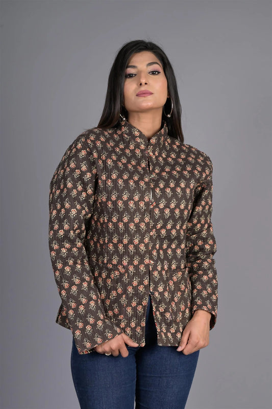 Winter Brown Reversible Jaipuri Cotton Quilted Jackets For Women