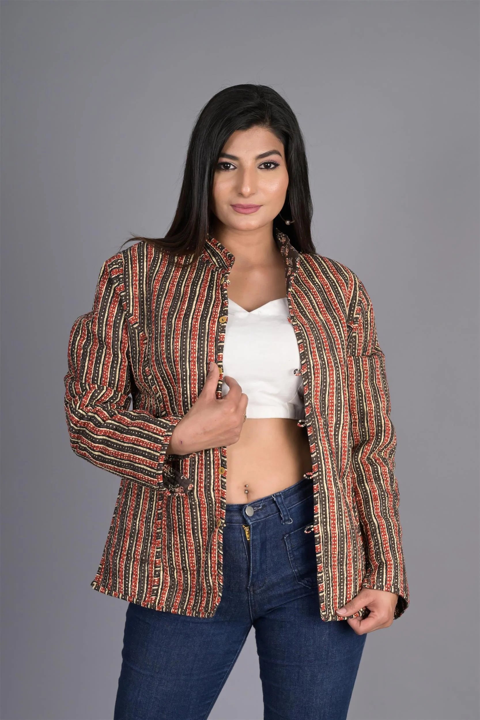Winter Brown Reversible Jaipuri Cotton Quilted Jackets For Women