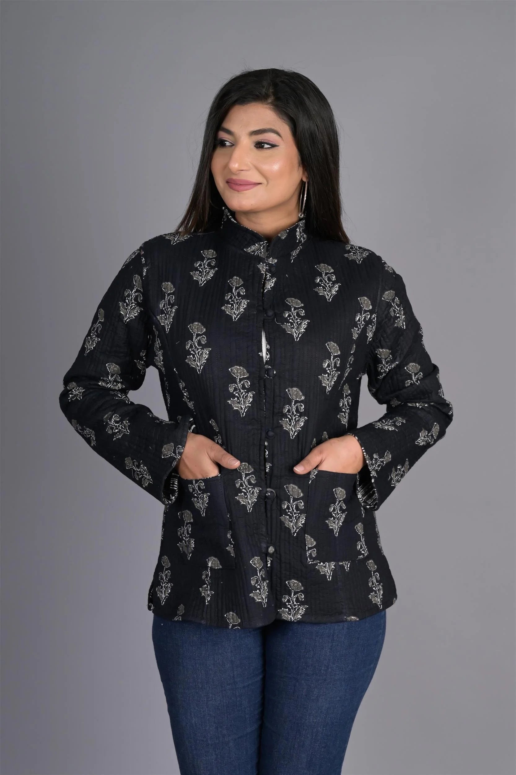 Winter Black Reversible Jaipuri Cotton Quilted Jackets For Women