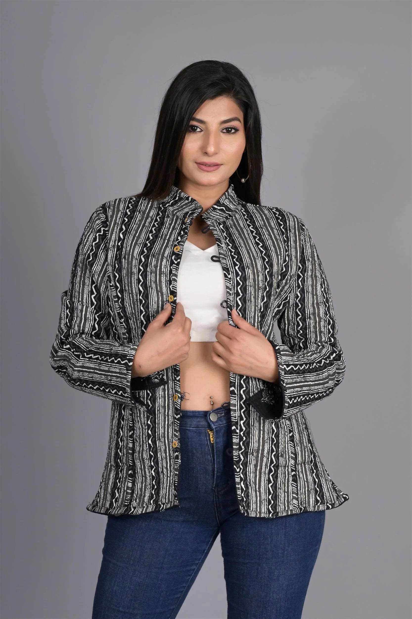 Winter Black Reversible Jaipuri Cotton Quilted Jackets For Women