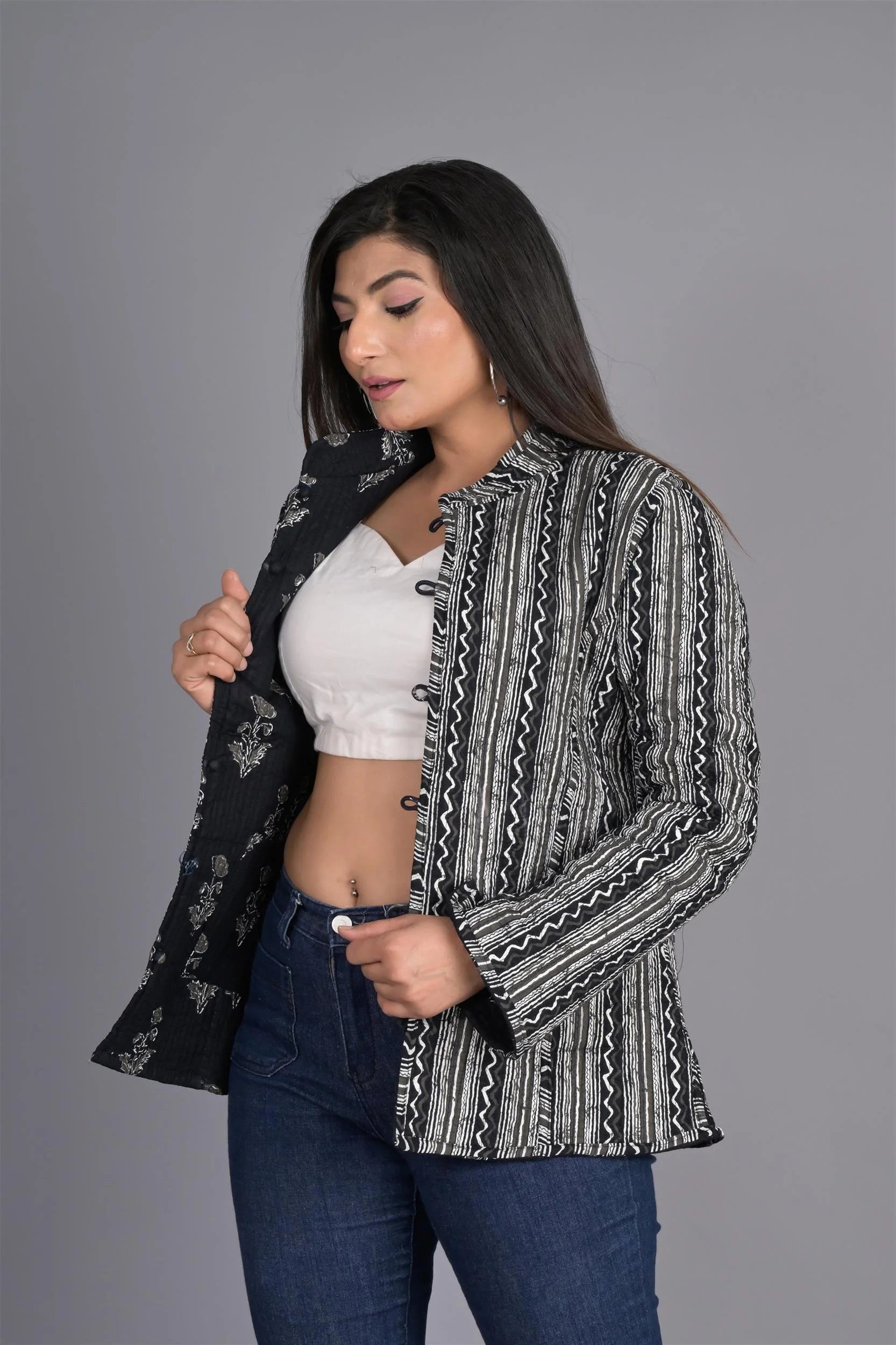 Winter Black Reversible Jaipuri Cotton Quilted Jackets For Women