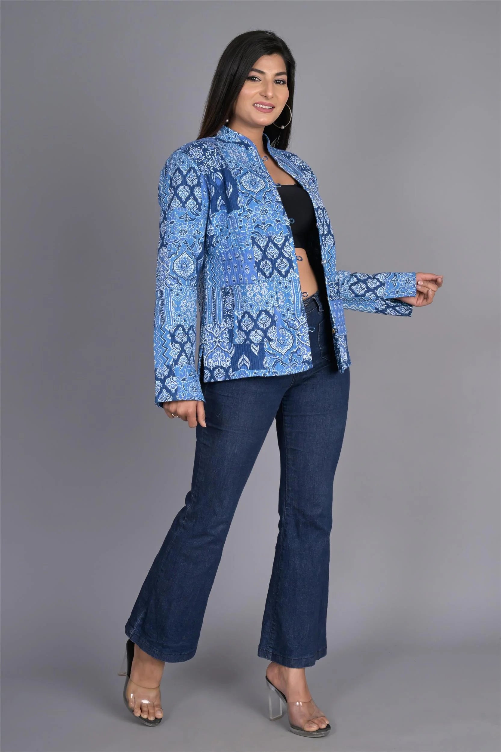Winter Blue Reversible Jaipuri Cotton Quilted Jackets For Women