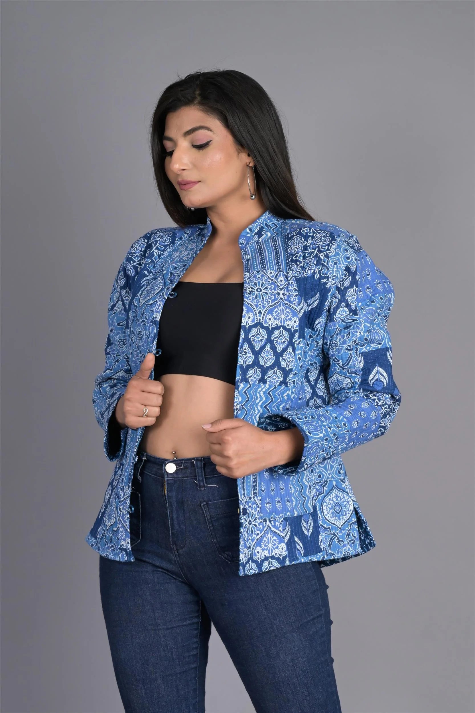 Winter Blue Reversible Jaipuri Cotton Quilted Jackets For Women