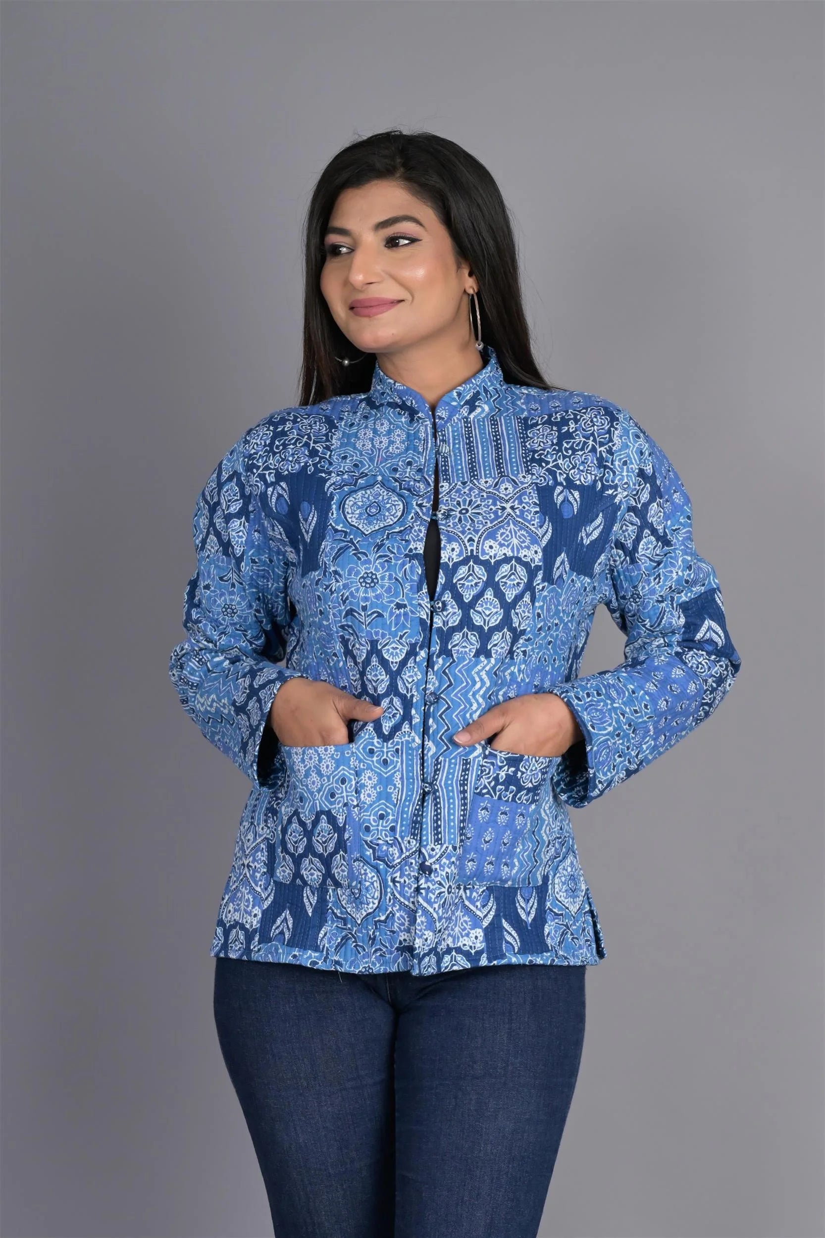 Winter Blue Reversible Jaipuri Cotton Quilted Jackets For Women