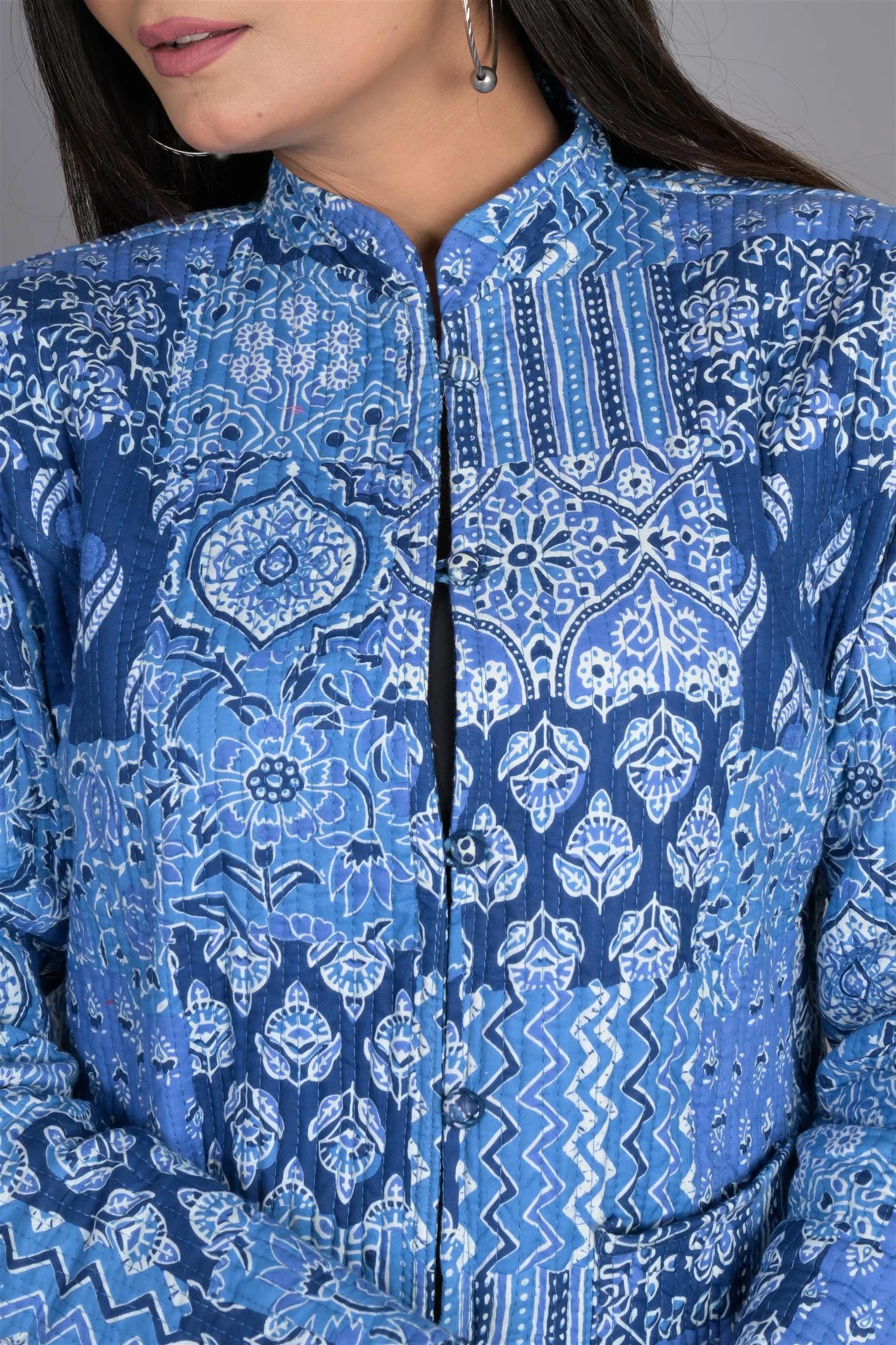 Winter Blue Reversible Jaipuri Cotton Quilted Jackets For Women