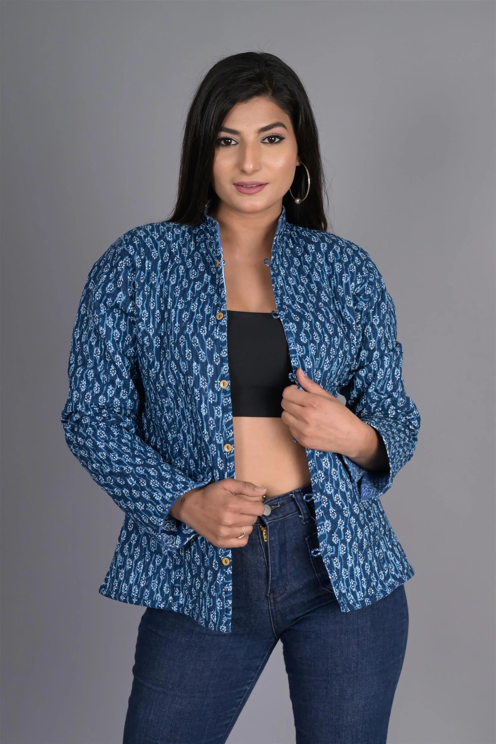 Winter Blue Reversible Jaipuri Cotton Quilted Jackets For Women