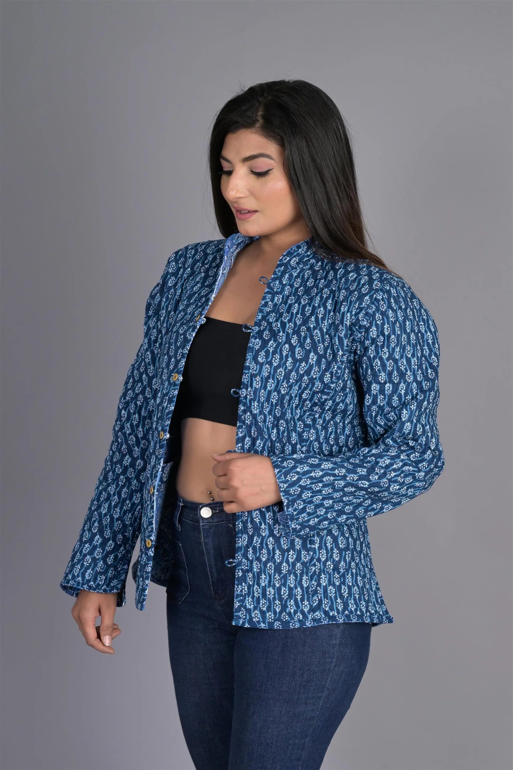 Winter Blue Reversible Jaipuri Cotton Quilted Jackets For Women