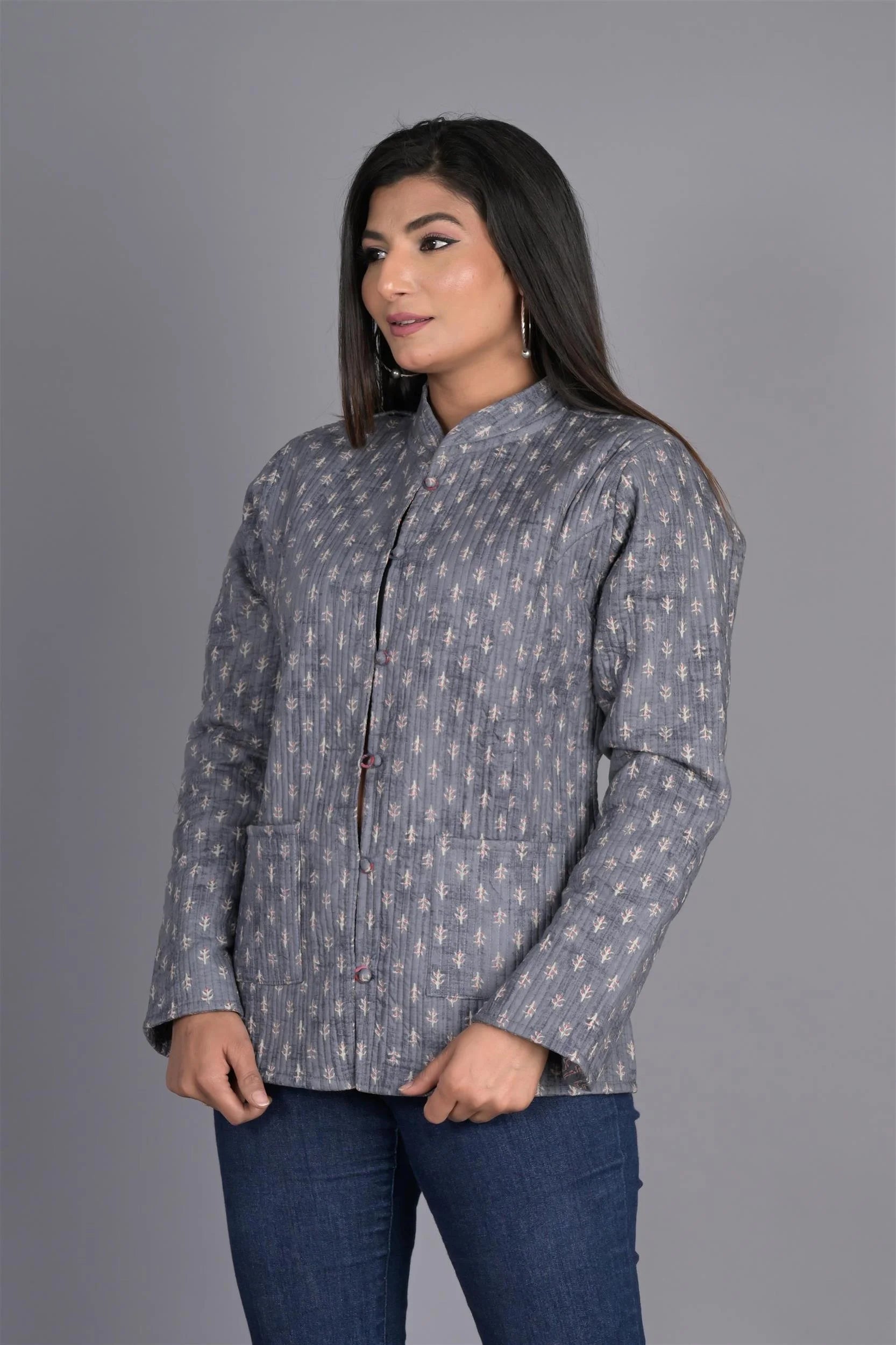 Winter Dark Grey Reversible Jaipuri Cotton Quilted Jackets For Women
