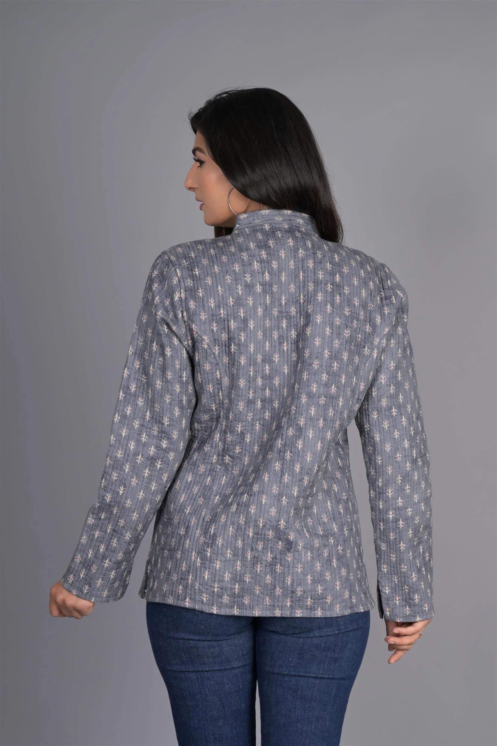 Winter Dark Grey Reversible Jaipuri Cotton Quilted Jackets For Women