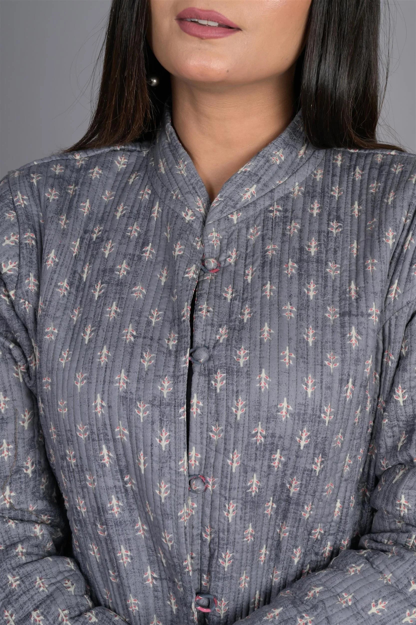 Winter Dark Grey Reversible Jaipuri Cotton Quilted Jackets For Women