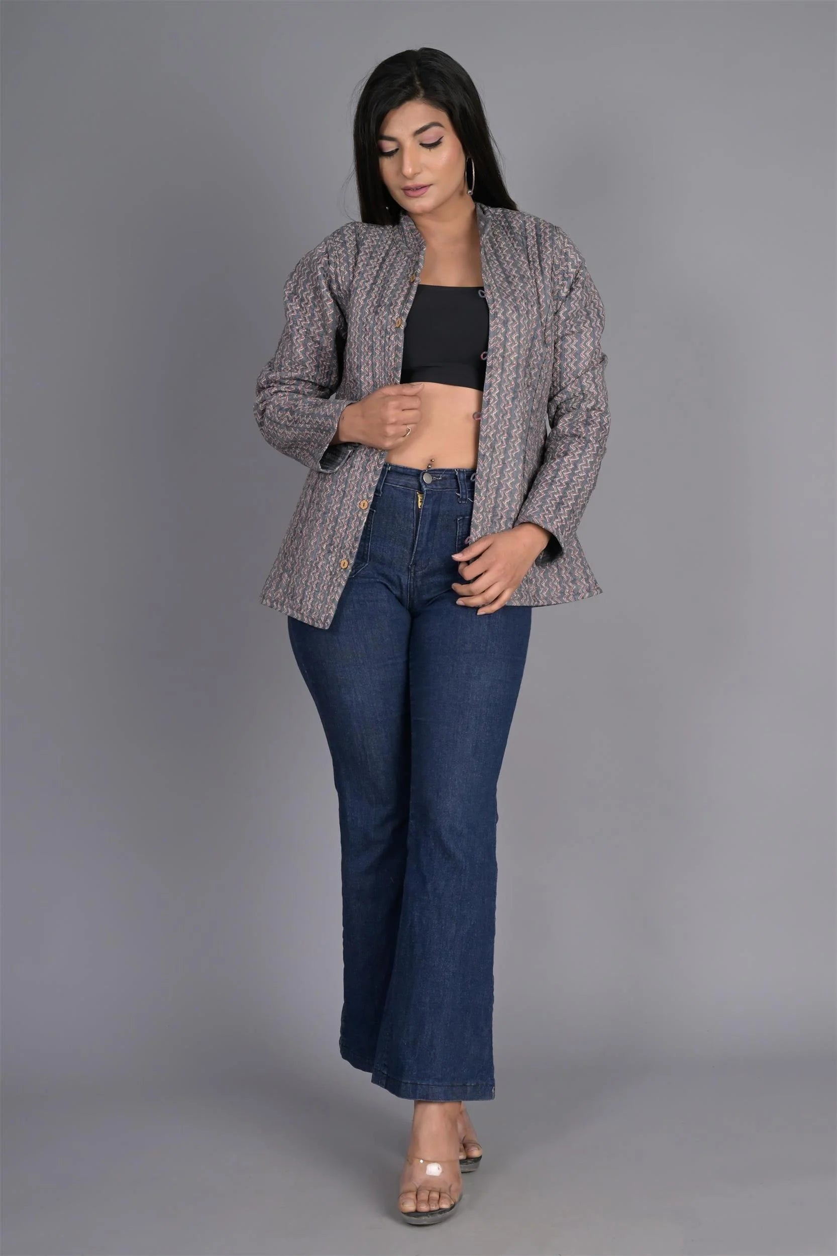 Winter Dark Grey Reversible Jaipuri Cotton Quilted Jackets For Women