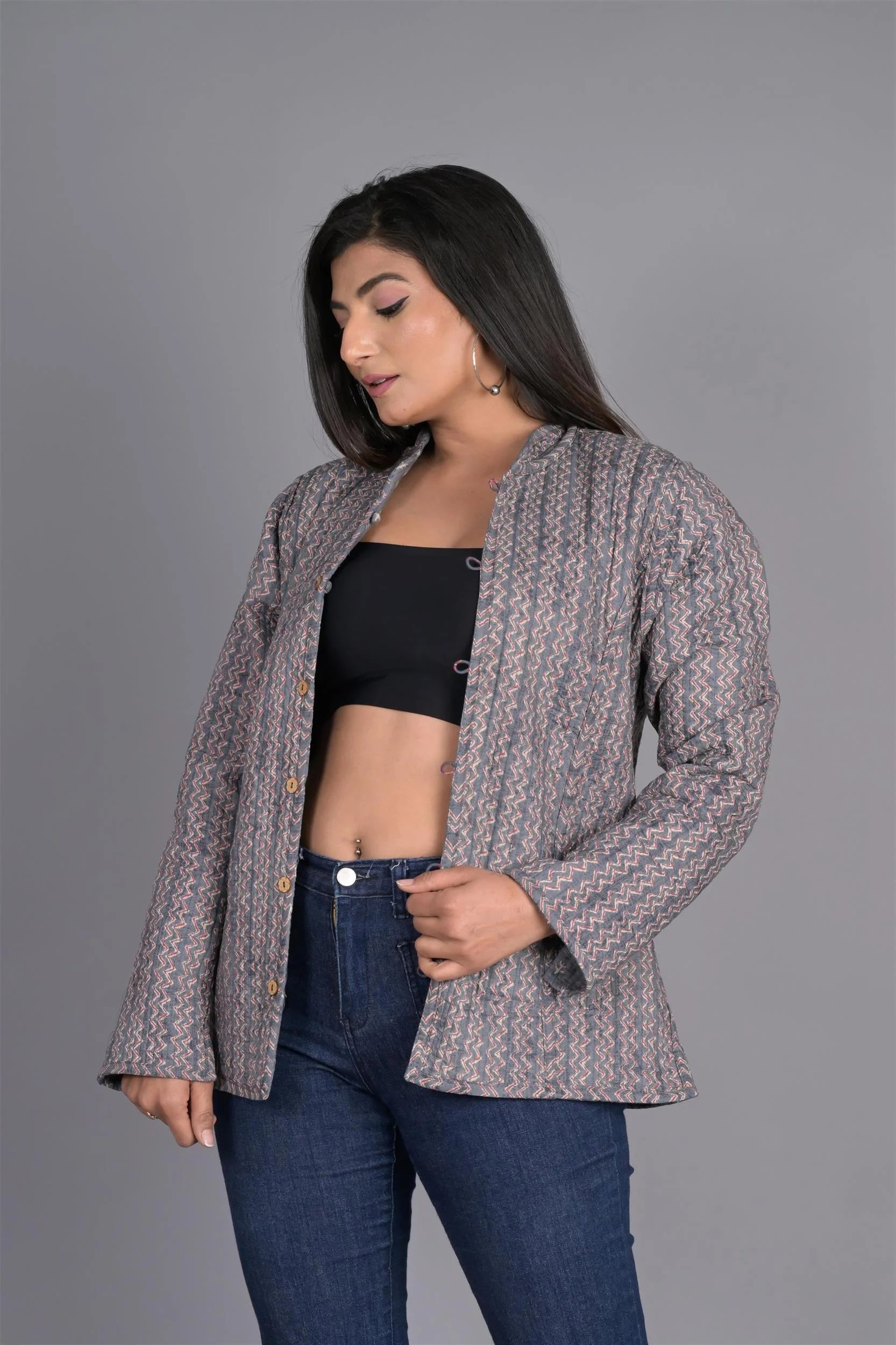 Winter Dark Grey Reversible Jaipuri Cotton Quilted Jackets For Women