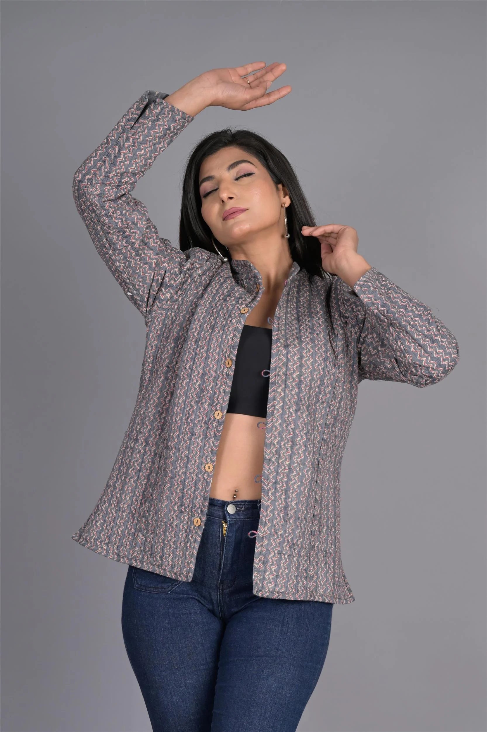 Winter Dark Grey Reversible Jaipuri Cotton Quilted Jackets For Women