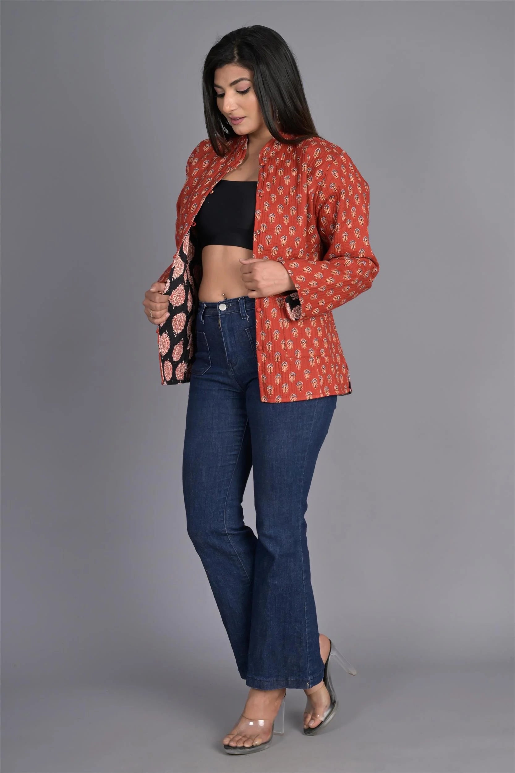 Winter Red And Black Reversible Jaipuri Cotton Quilted Jackets For Women