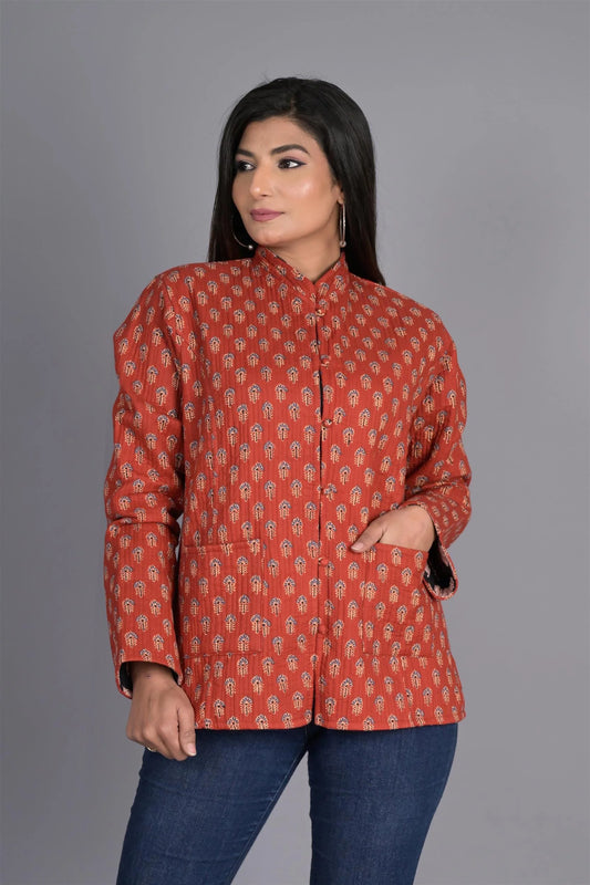 Winter Red And Black Reversible Jaipuri Cotton Quilted Jackets For Women