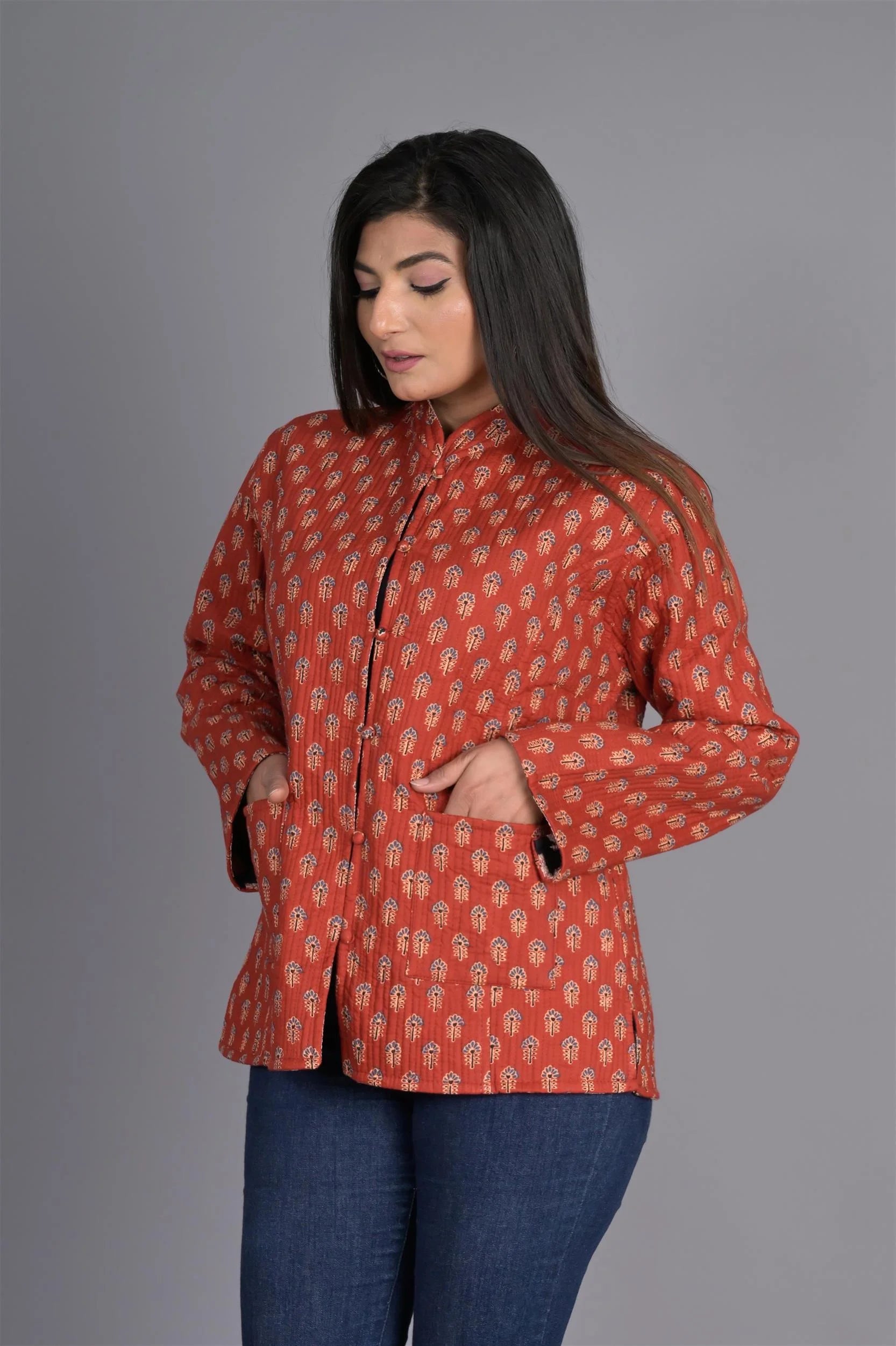 Winter Red And Black Reversible Jaipuri Cotton Quilted Jackets For Women